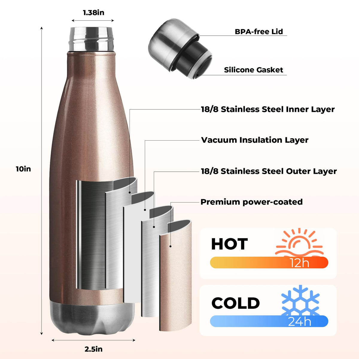 17oz Sport Water Bottle 12 Pack Vacuum Insulated Stainless Steel Leak (Rose Gold)