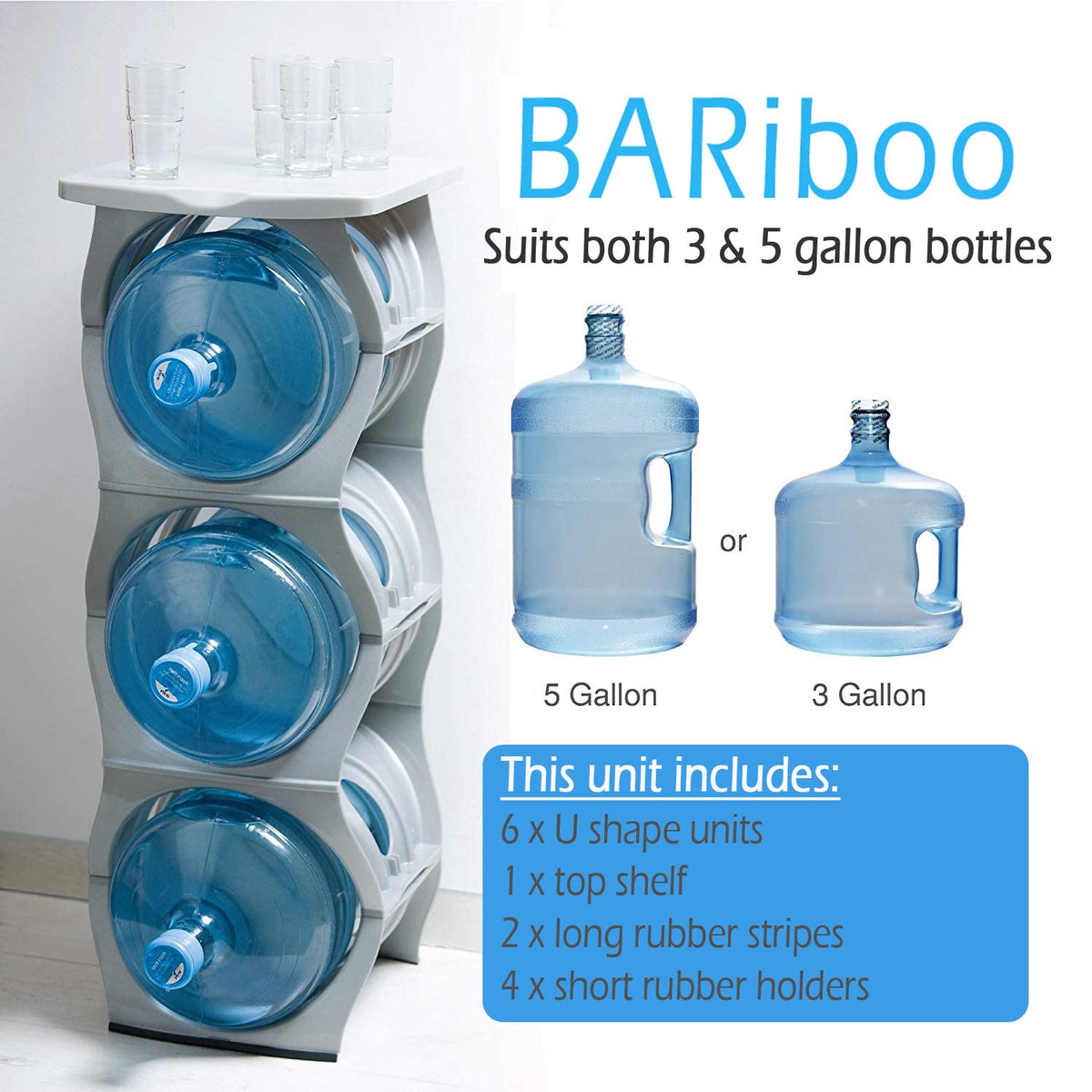 Stackable Water Bottle Storage Rack Best Water Jugs 5 Gallon Organizer. Jug Holder for Kitchen (3 Plus Shelf / Silver)