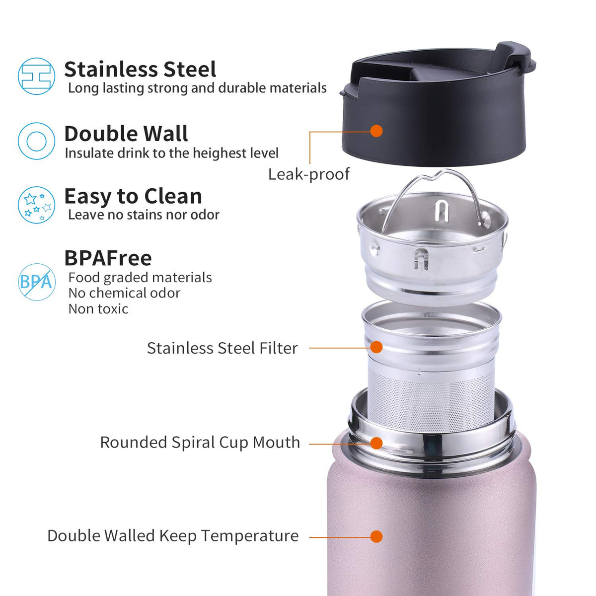 Infuser Travel Mug with Removable loose leaf Tea Strainer Tea Filter Water Bottle 18 (Rosegold / 18 Ounces)