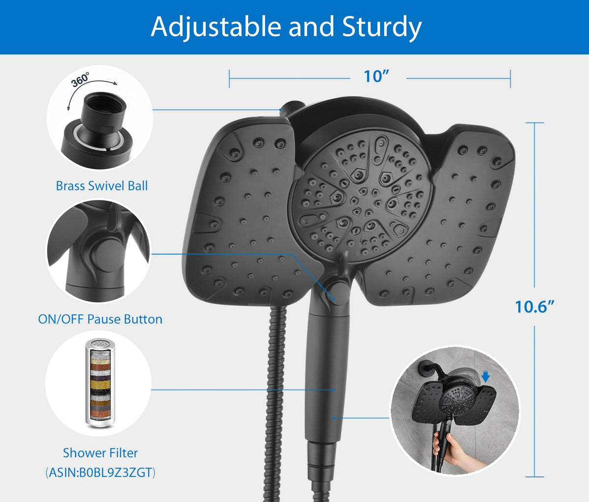 Rain Shower Head with Filtered Handheld Spray Combo Black 2.5 GPM (Black / 2.5 GPM)