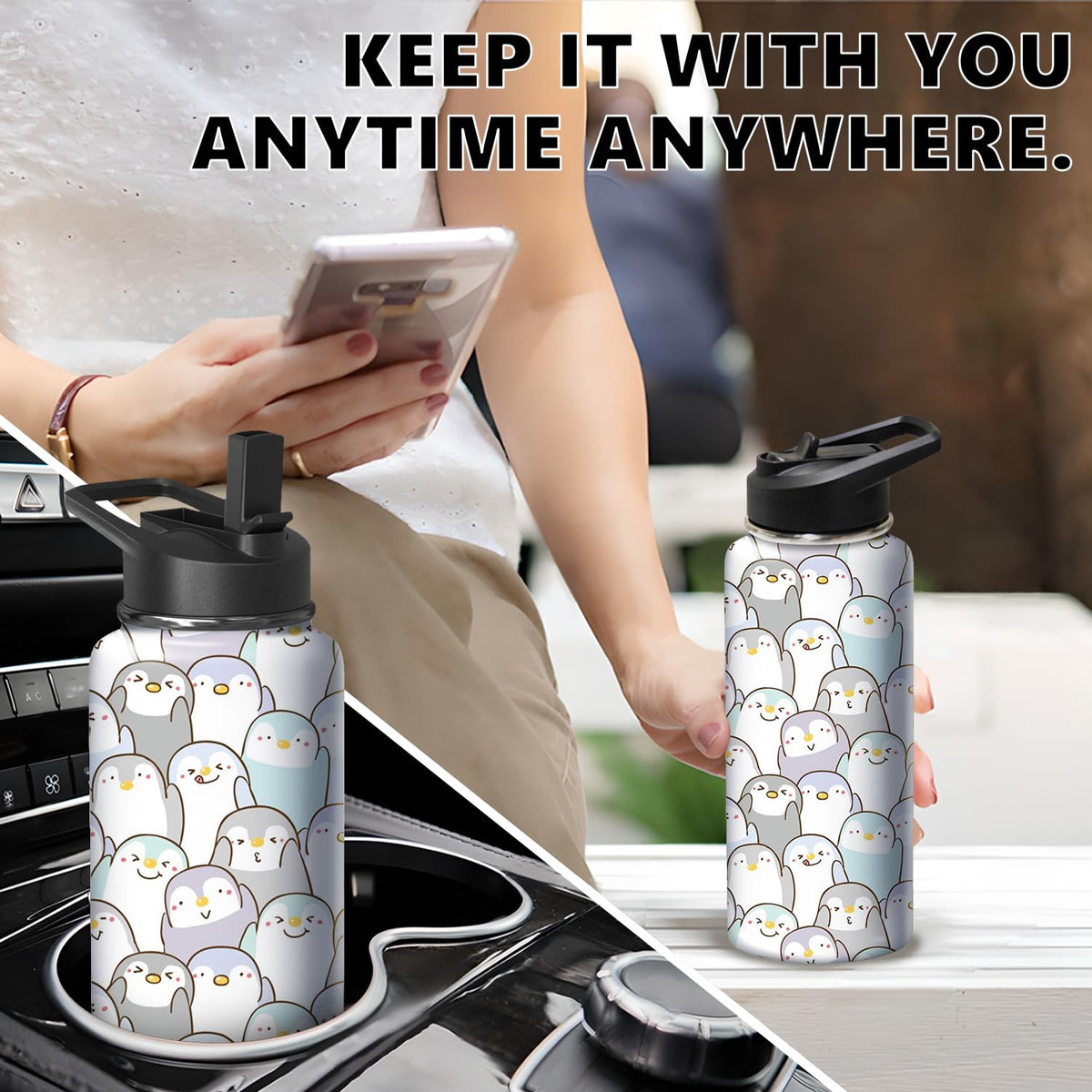 18oz Penguin Water Bottle with Handle and Flip Straw (Penguin / 18 Ounces)