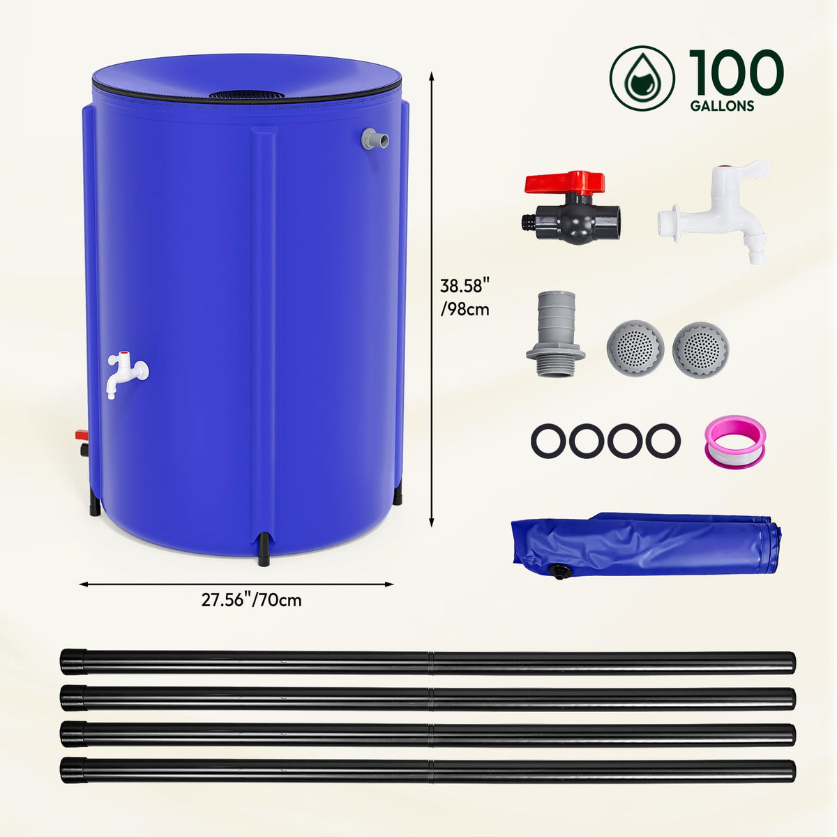 Collapsible Rain Barrel Portable Rain Water Collection (Blue / 100 Gallon)