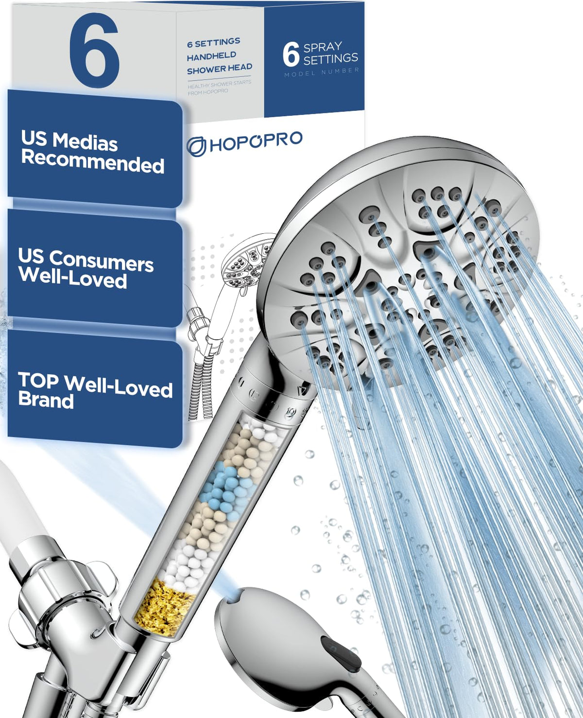 7 Setting Handheld Shower Head with Built (6 Modes + Filter + Power Wash / Chrome Polished)