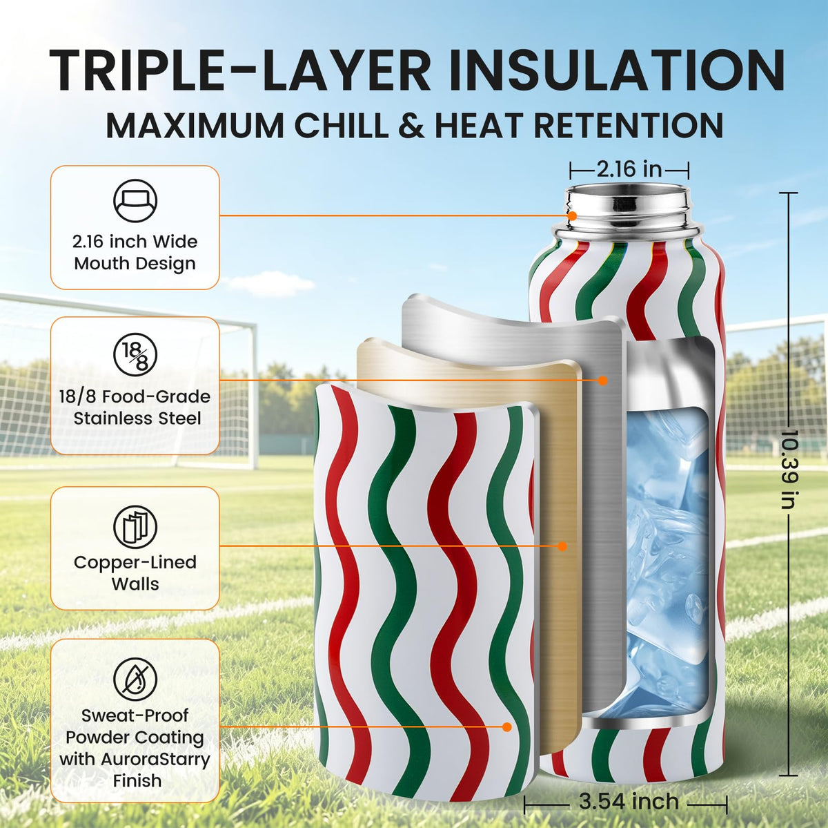 Insulated Water Bottle 40 oz (Mexico-Green White Red Stripe / 40 Ounces)