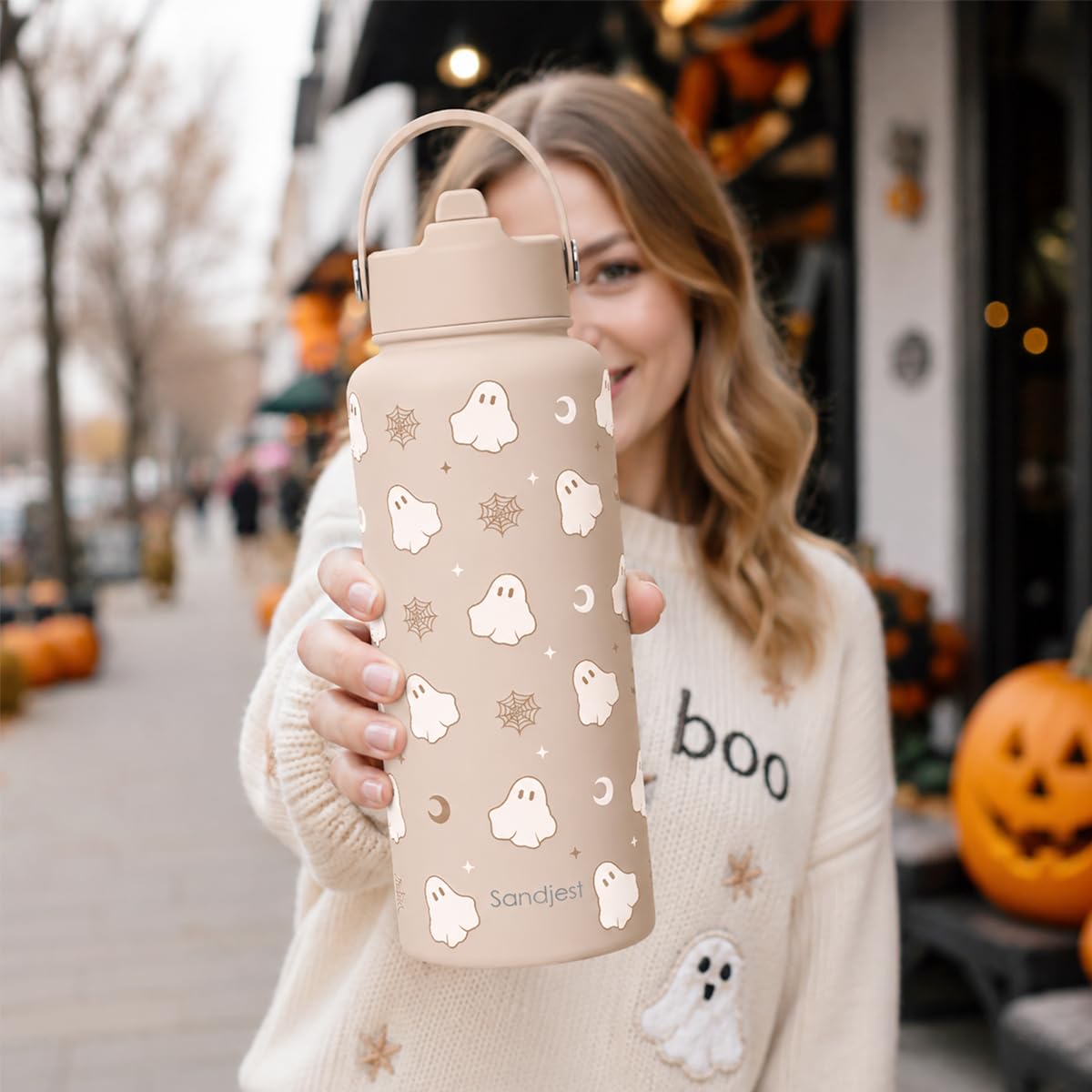 Halloween Boo Stainless Steel Water Bottle 32 Ounces with Lid & Straw (Halloween)