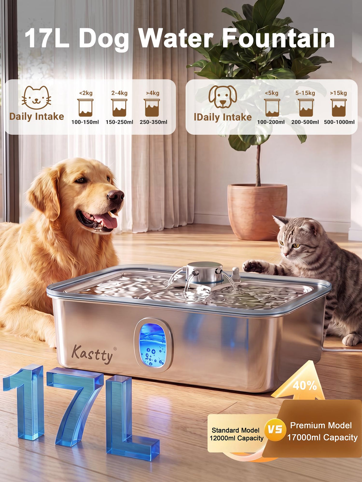 17L 4.5 Gal Stainless Steel Dog Water Fountain for Large Dog