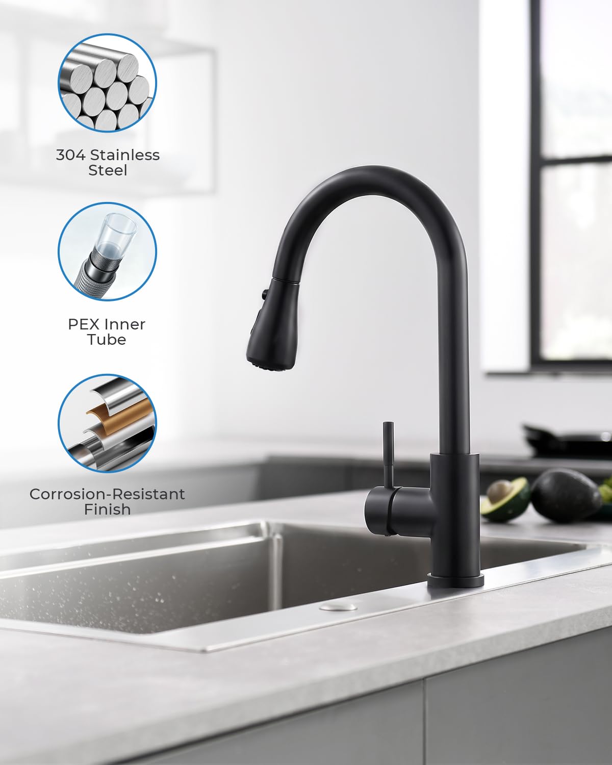 Black Kitchen Faucet with Pull Down Sprayer (Matte Black)