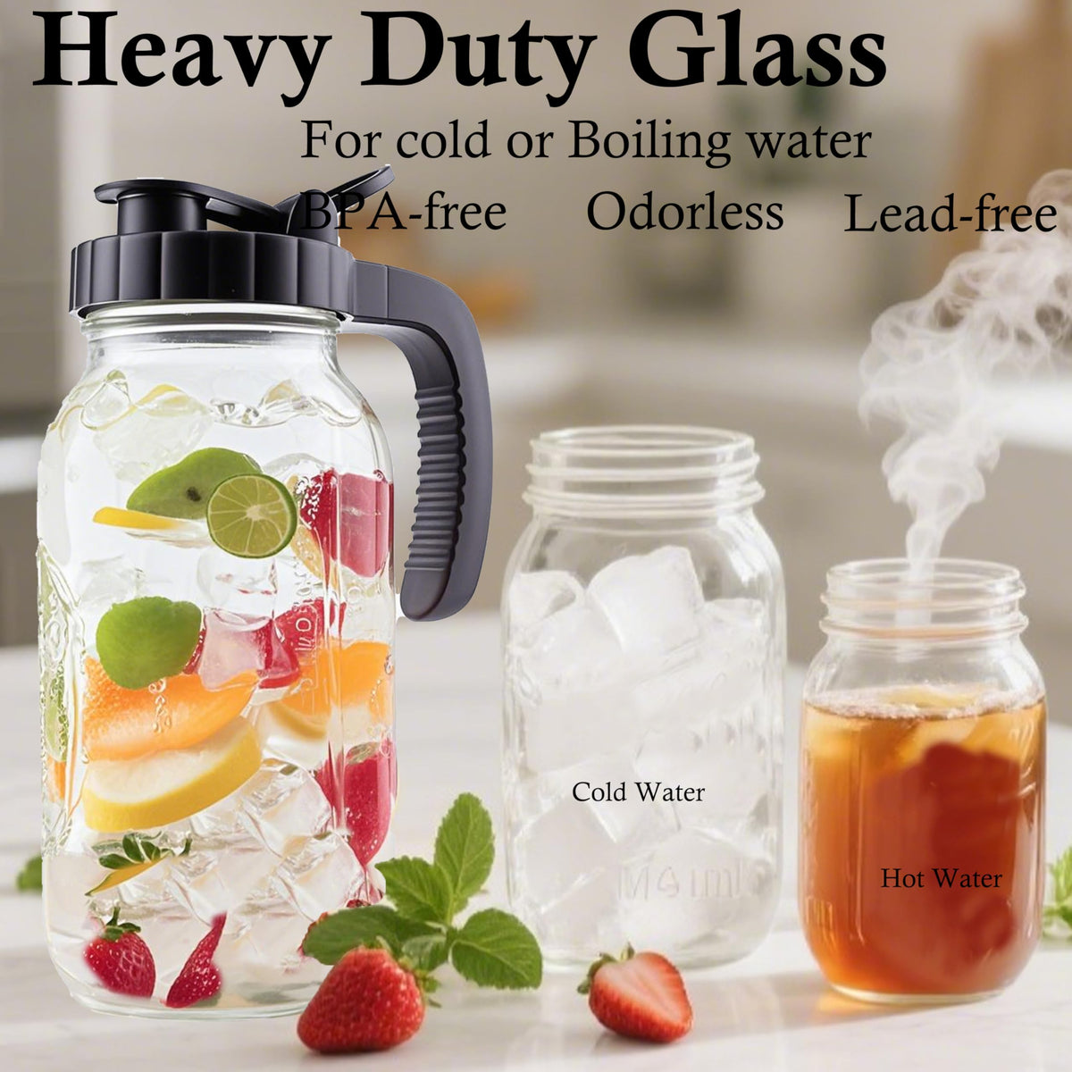 Glass Mason Jar Pitcher With Lid 2 Quart Sun Tea Glass Pitcher 64 Oz Wide Mouth Half Gallon Hot Cold Water Coffee Jug Carafe For Fridge Lemonade (64 OZ)