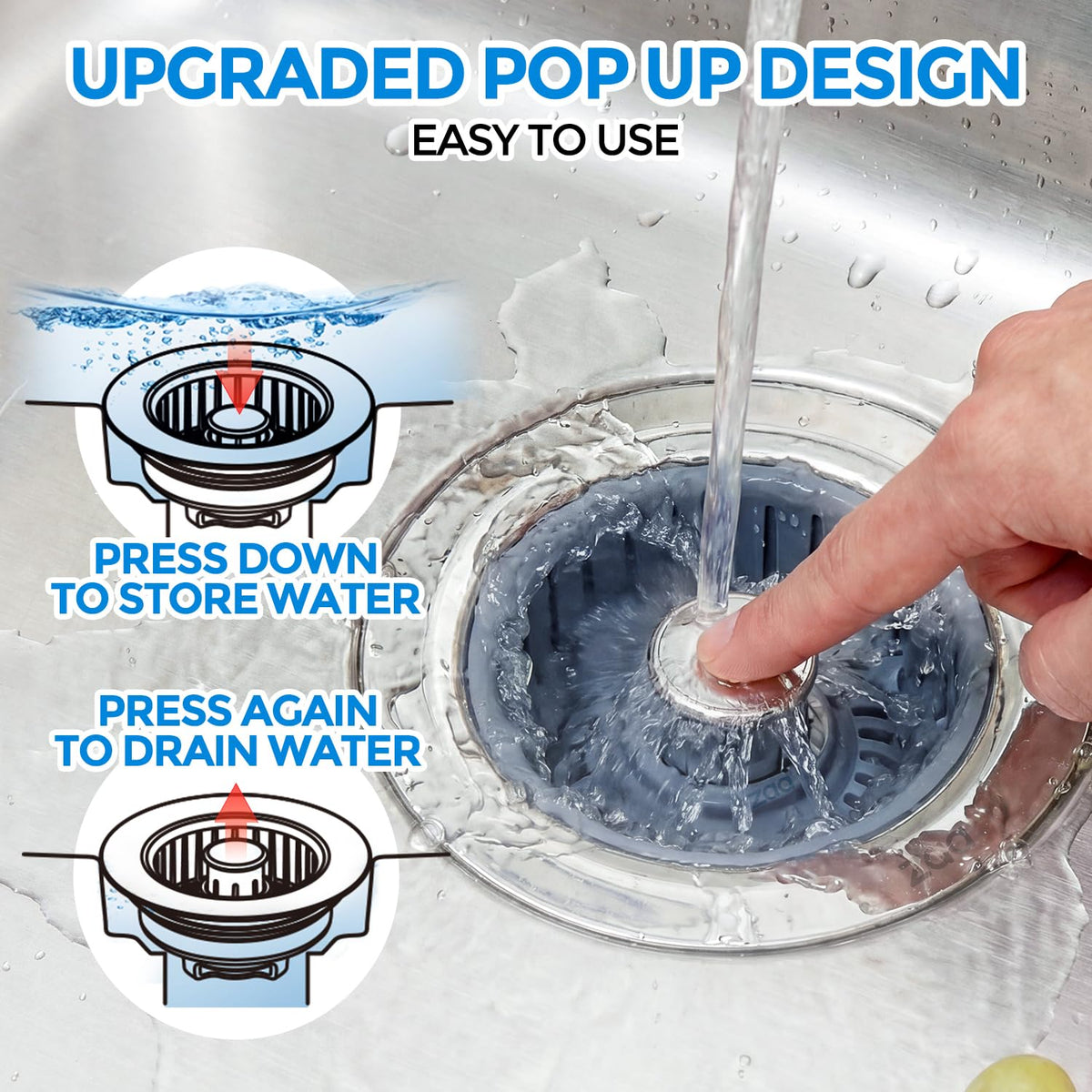 3-in-1 Kitchen Sink Drain Strainer Stopper, Stainless Steel, Anti-Clog (Silver)