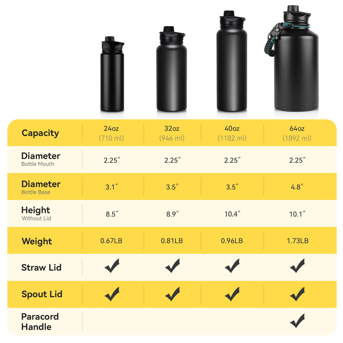 24 oz Insulated Water Bottle with Straw Lid & Wide Mouth Lids (Black / 24 Ounces)