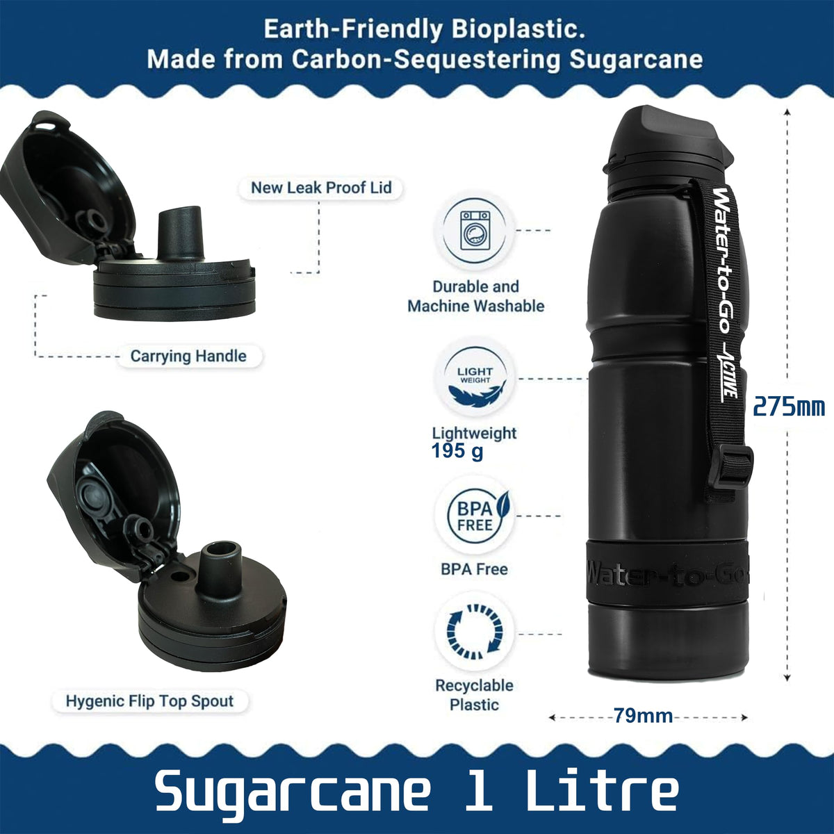 Water-to-Go Water Filter Bottle, 1 Liter, Jet Black