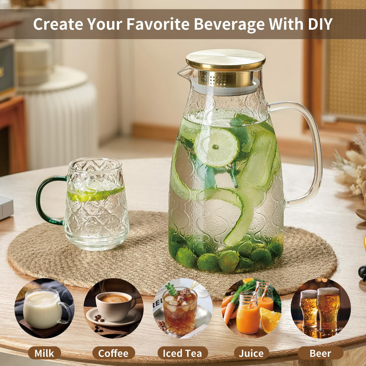 Glass Pitcher with Lid (Clear Flower Design / 2 L 2 Pack)
