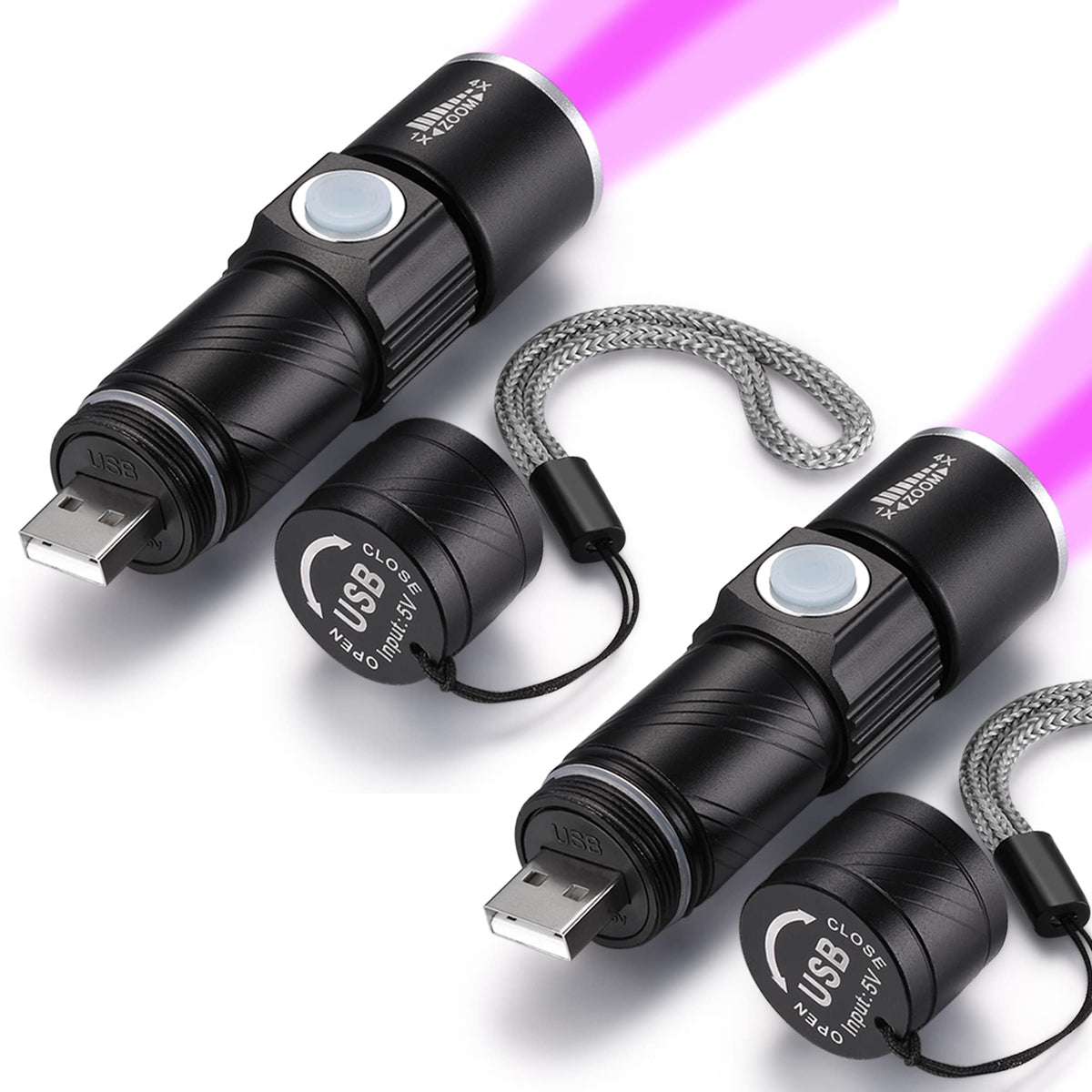 UV 395nm USB Rechargeable Flashlight Ultraviolet led Light Blacklight Portable 400nm Mini Detector for Dog Urine Pet Stains