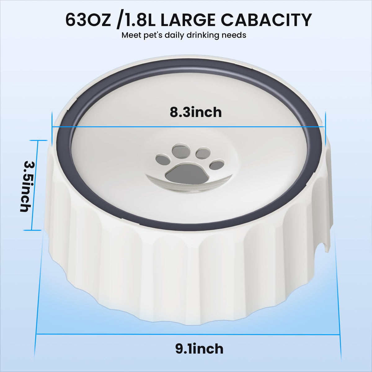 9.1" X 3.5" Dog Water Bowl No Spill 70oz (White)