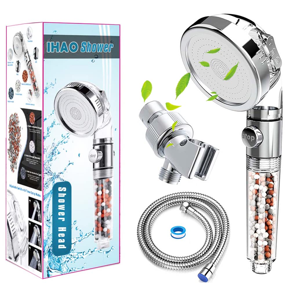 Filter Showerhead with Bracket Metal Hose High Pressure Handheld Shower Purifying Hard Water Softener Chlorine Flouride Filter Multi Modes Changeable Shower head Fresh Dry Skin & Hair Loss (Filter ShowerHead HH)