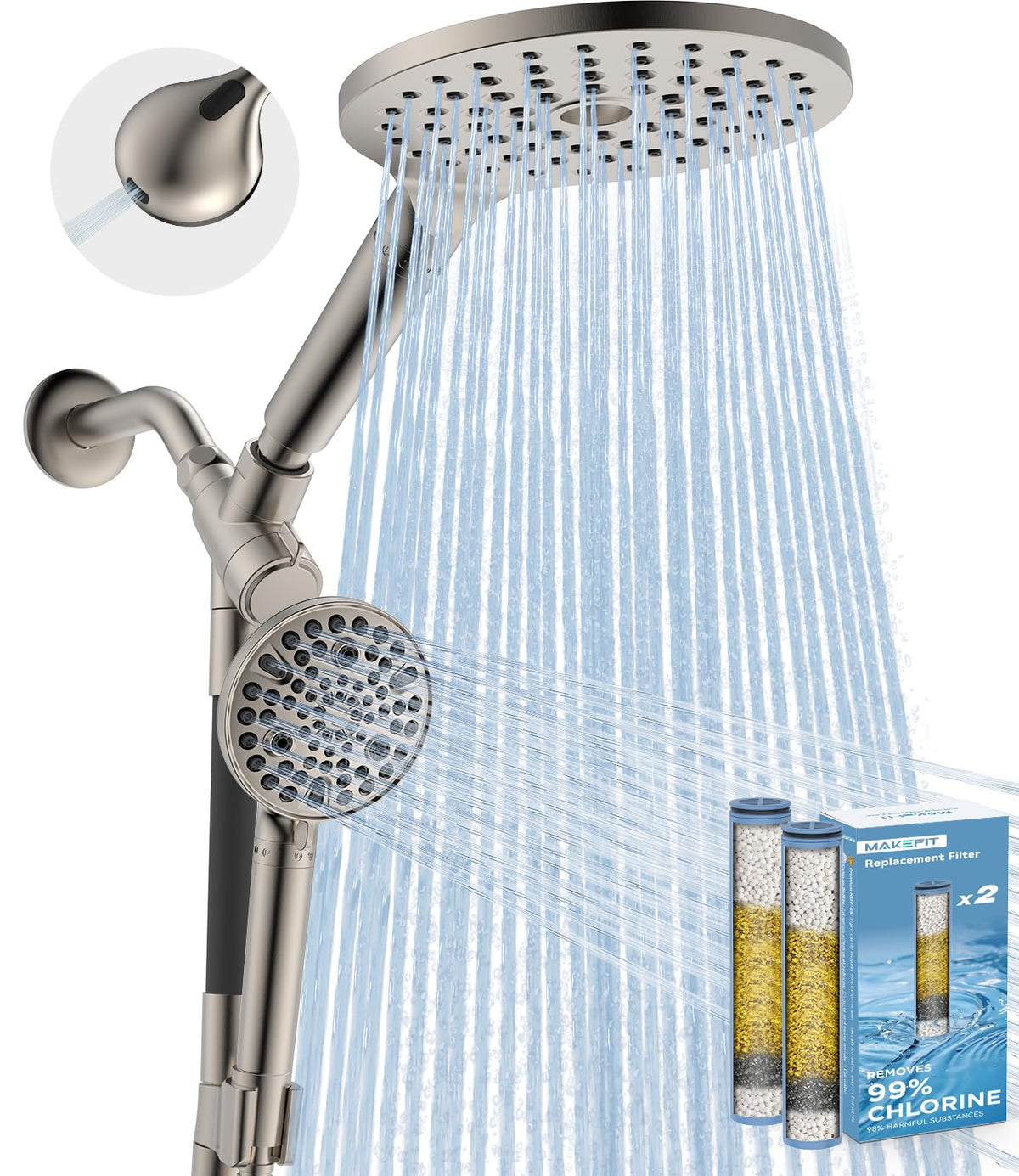 Dual Filtered Rain Shower Head Combo (Brushed Nickel / 8 Inch Filtered)