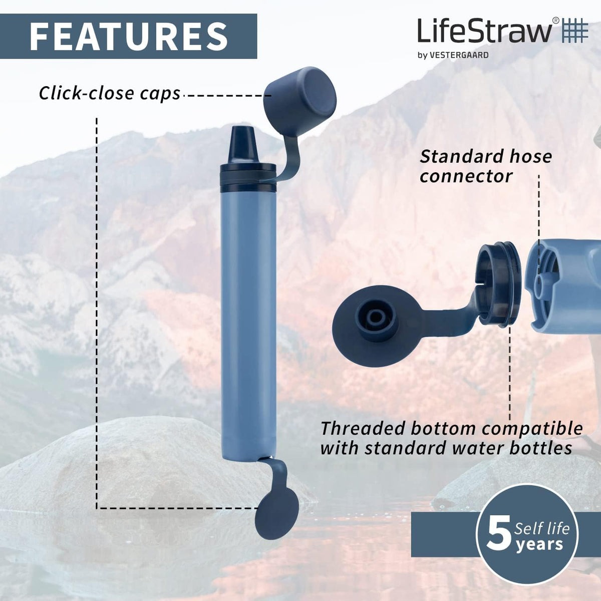 Peak Series Personal Water Filter for Hiking (Mountain Blue / 1 Pack- Peak Series)