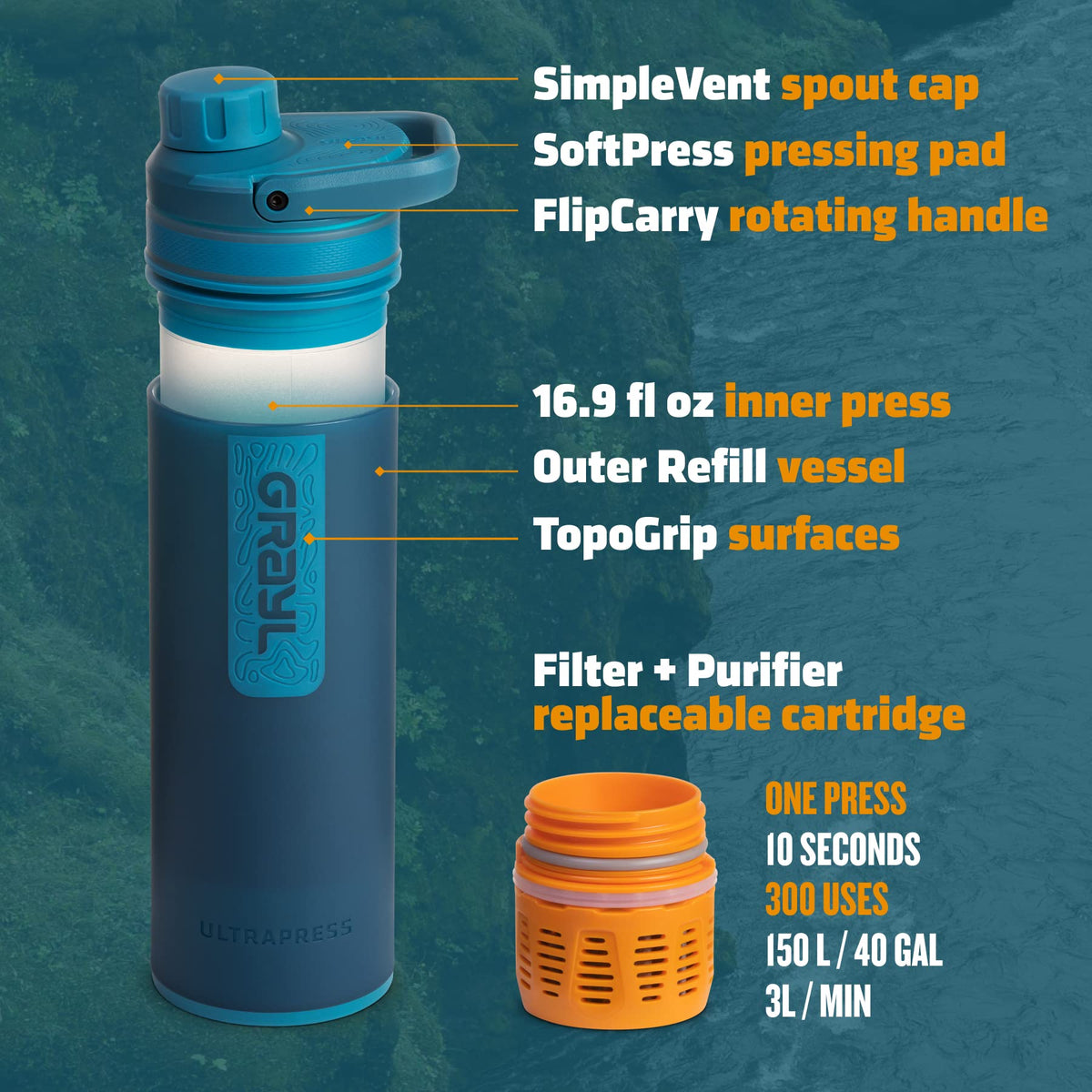 UltraPress 16.9 oz Water Purifier & Filter Bottle (Forest Blue)
