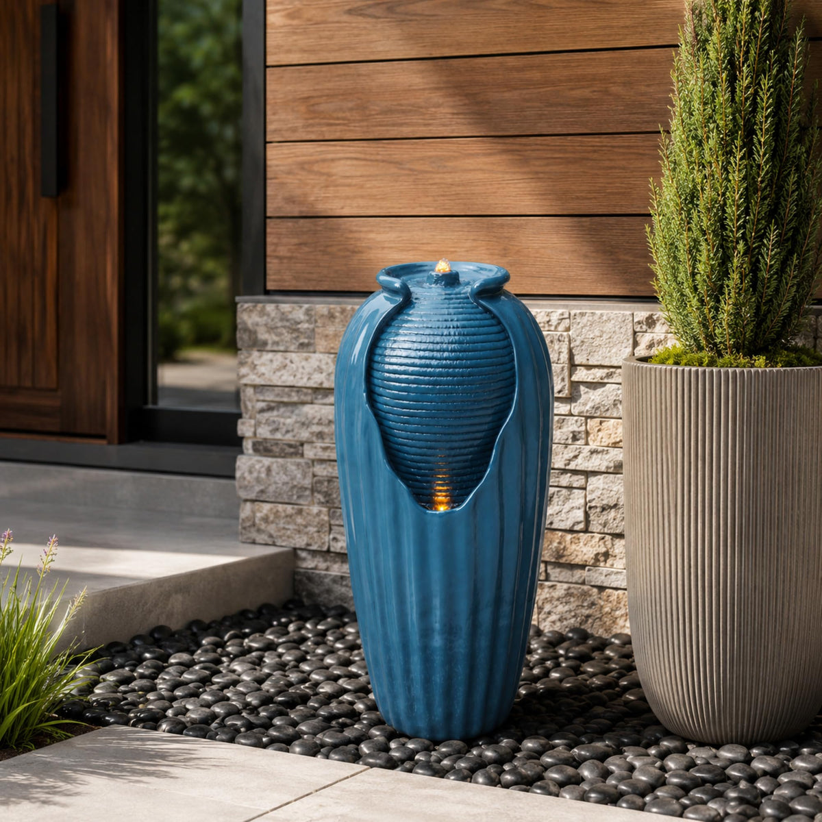 32 in. Outdoor Contemporary Glazed Contoured Vase Water Fountain with LED Lights to Create a Calming Oasis in Gardens and Landscaping (Blue)