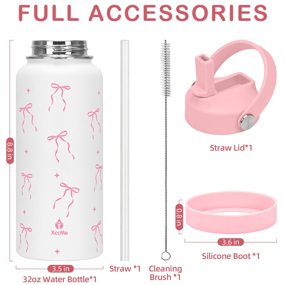 32oz Pink Bow Gift Insulated Water Bottle for Women with Straw (Pink Bow / 32 Ounces)
