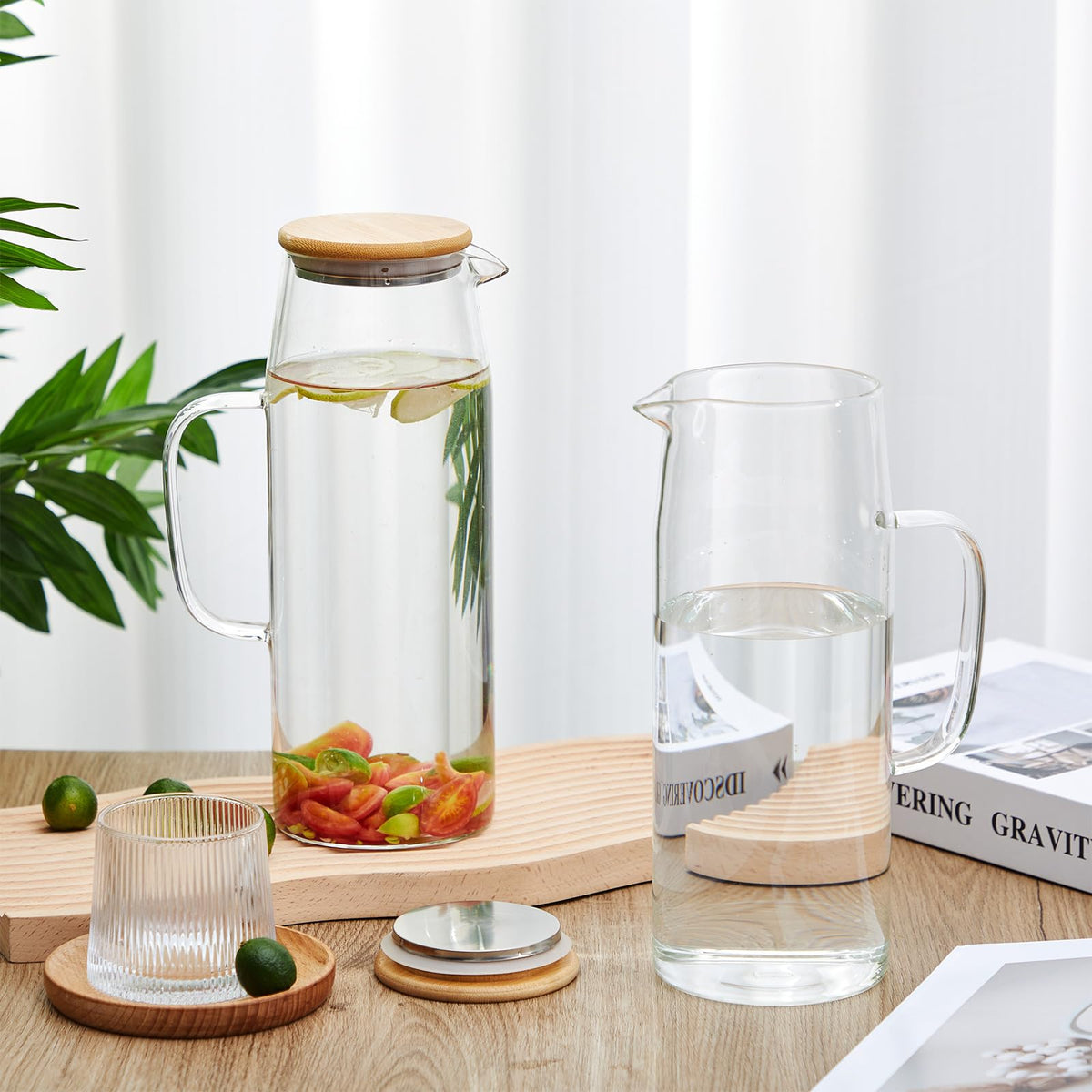 2 Sets Glass Pitcher with Lid Water Carafe (Bamboo Lid / 2l)