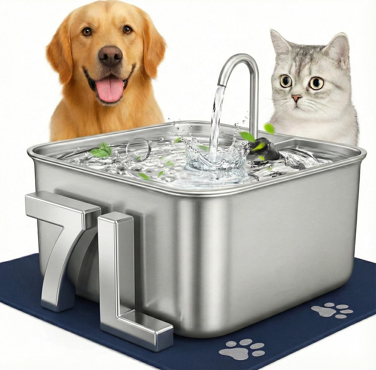 Stainless Steel Cat Water Fountain 7L with Waterproof Mat
