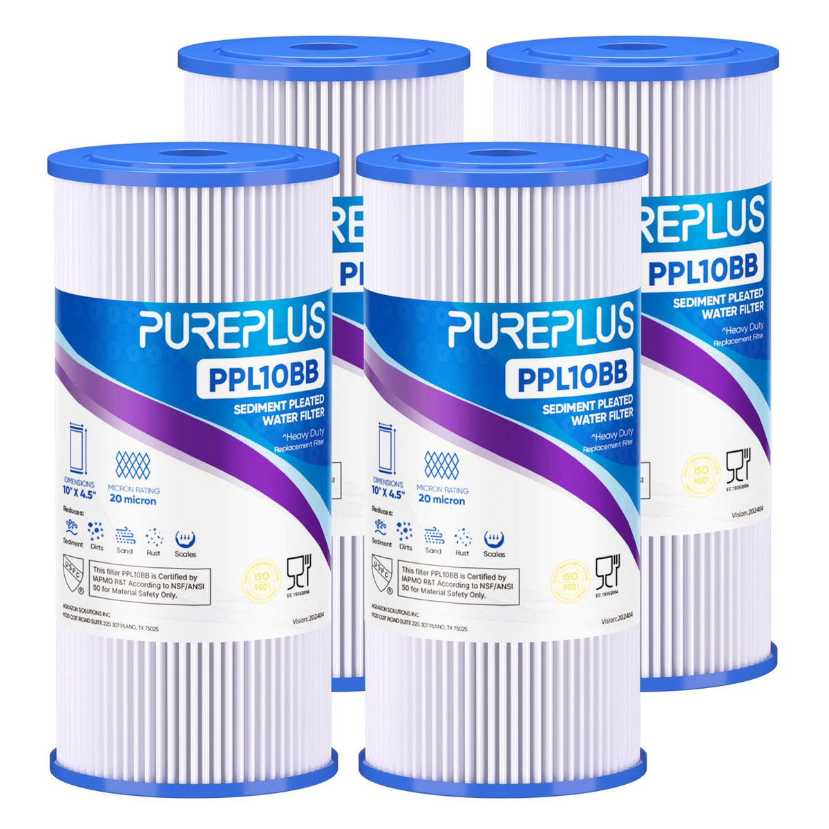 20 Micron 10" x 4.5" Whole House Pleated Sediment Filter (4 Count (Pack of 1))