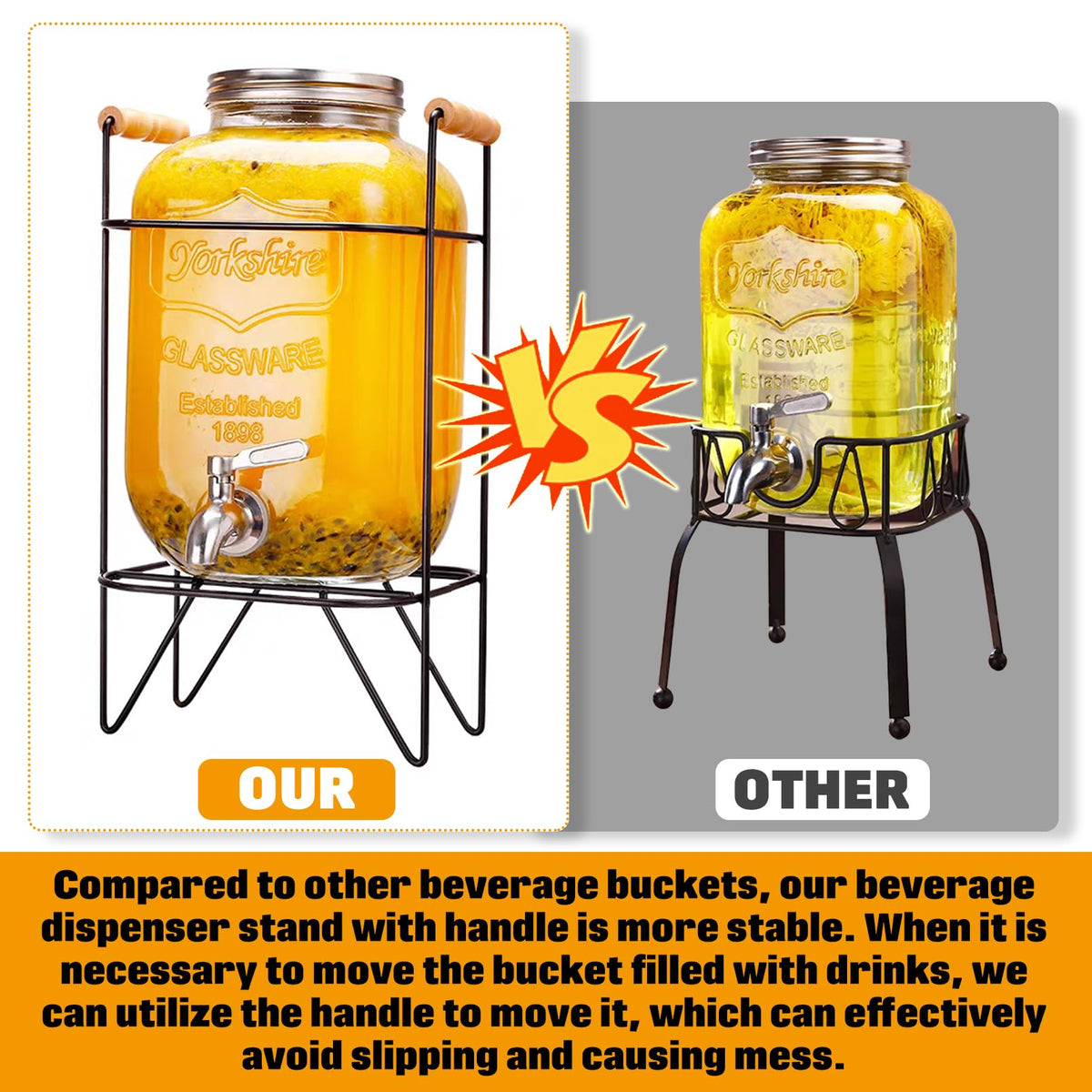 1 Gallon Drink Dispenser Glass Beverage Dispenser With Stand Leak Proof Stainless Steel Faucet Wide Mouth Mason Jar Style Glass Drink Dispenser for Parties (Style 2)