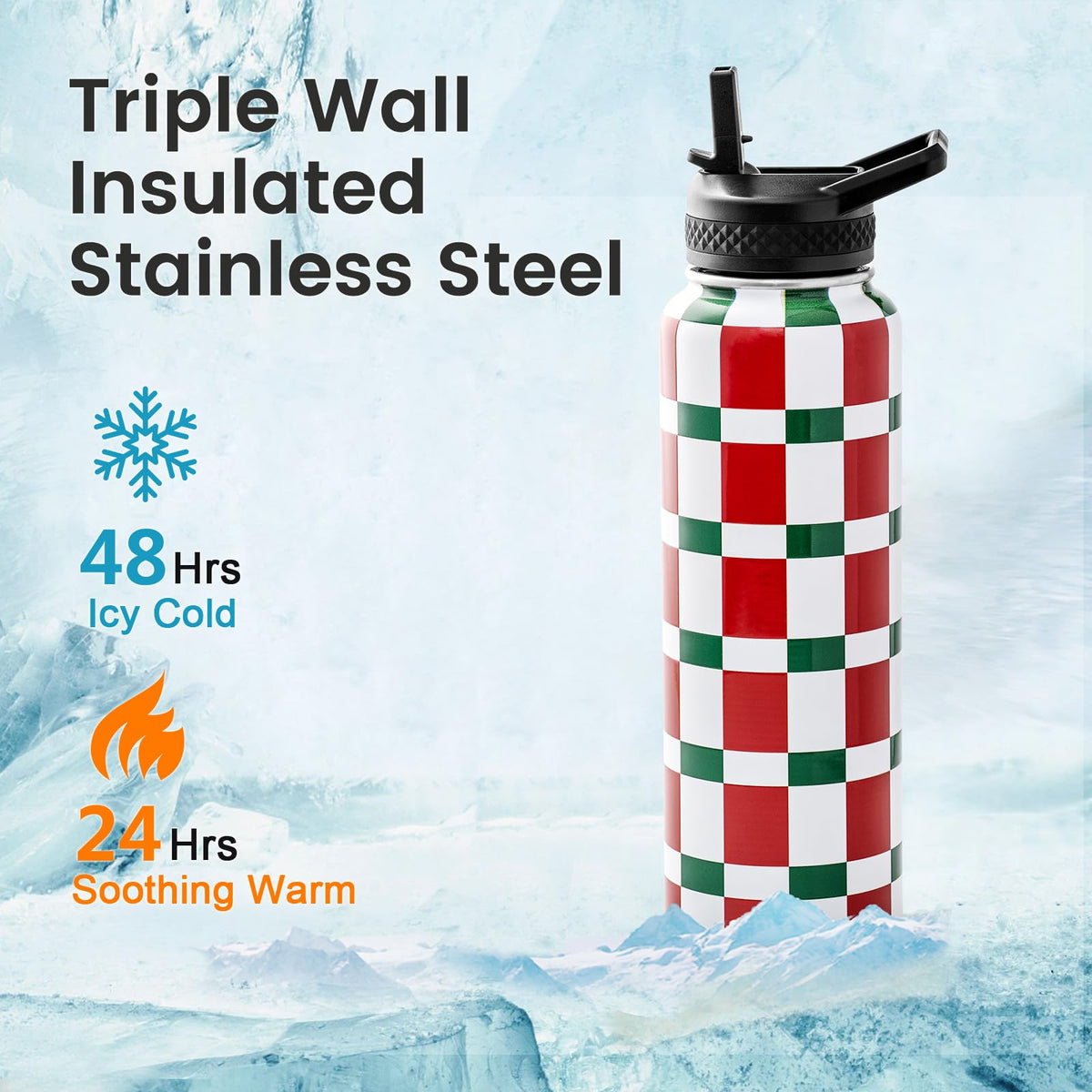 40 oz Insulated Water Bottle with Straw (Mexico-Green White Red Plaid / 40 Ounces)
