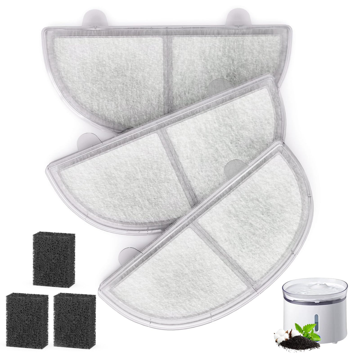Cat Water Fountain Filter Pet Drinking Fountain Filter Replacement (3 Filters+3 Sponges)