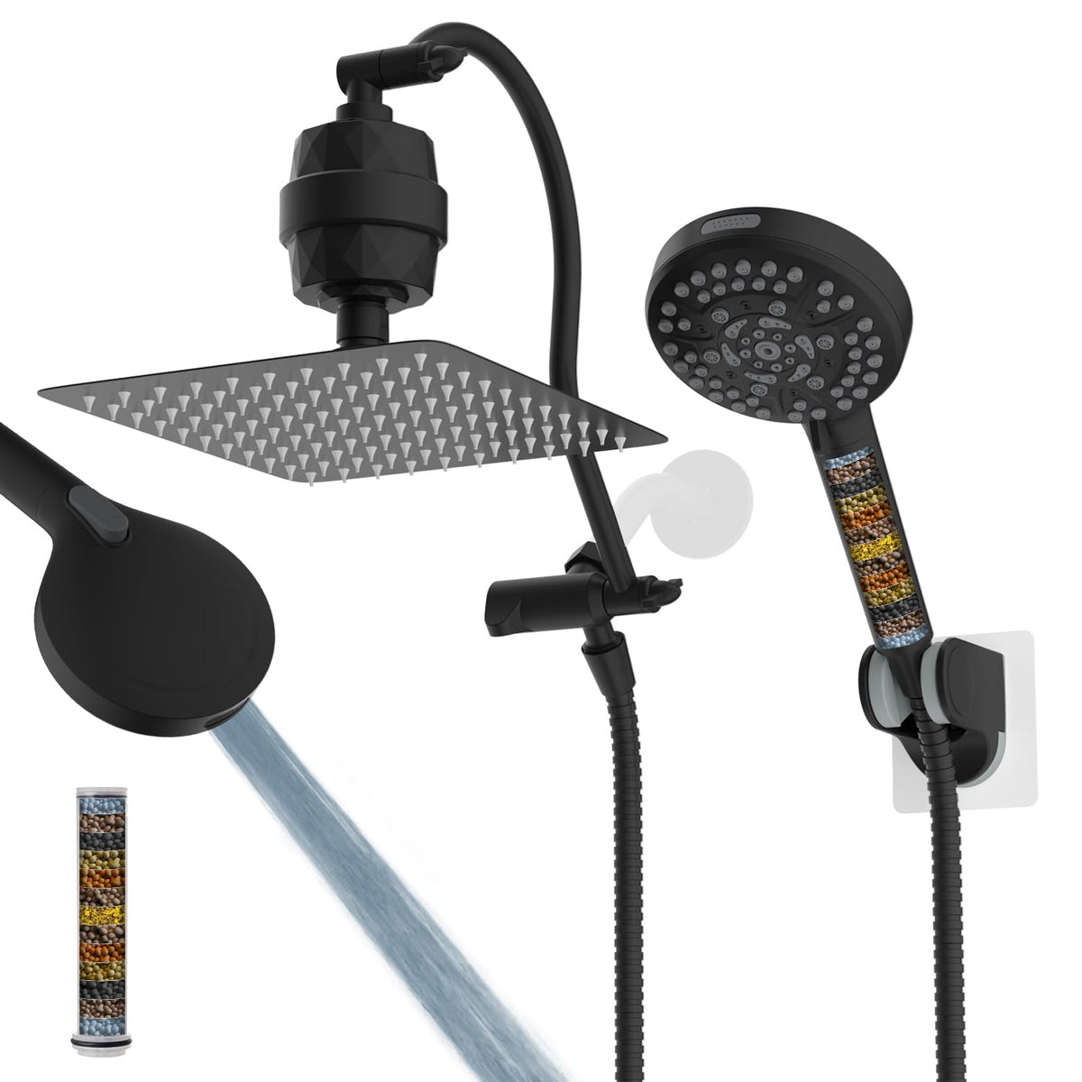 All Metal 10'' Dual Filtered Rainfall Shower Head Combo (Square 10'' with Filter / Matte Black Finished)