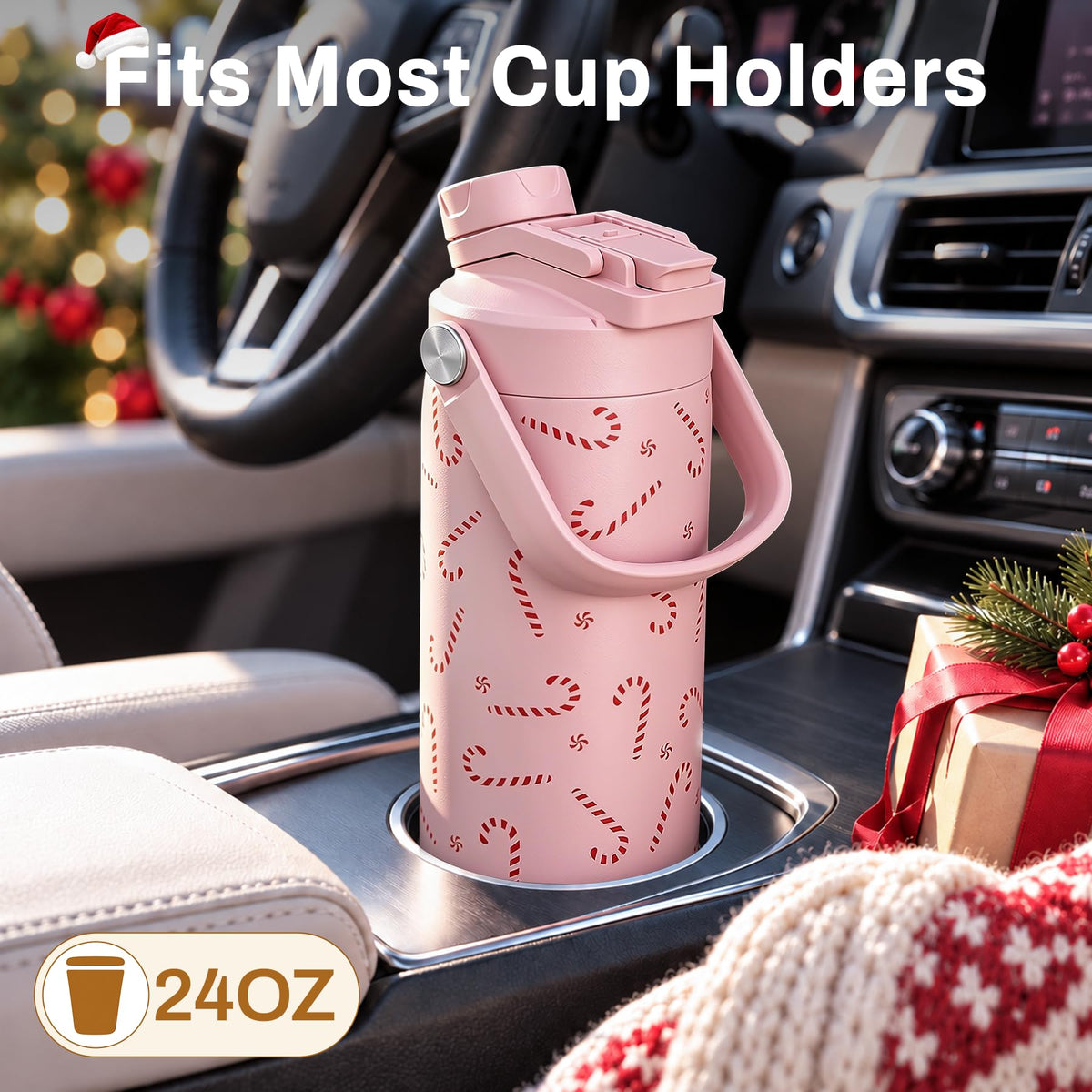 Christmas Water Bottle with Straw Insulated (Candy Canes / 24 Ounces)
