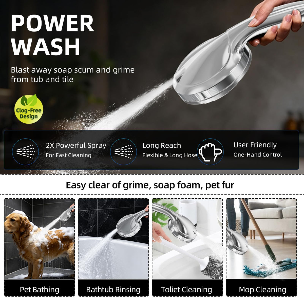 9 Functions High Pressure Handheld Shower Head with Power Wash (Premium Chrome)
