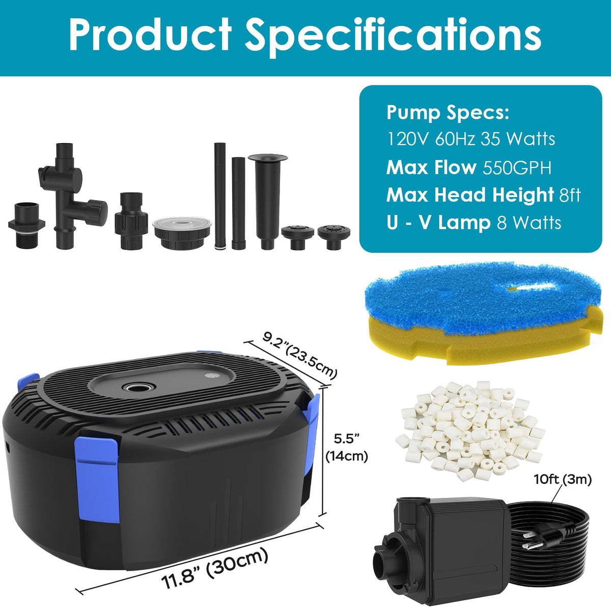 All-in-1 550GPH Pond Fountain Kit with Color LED & U - V Light
