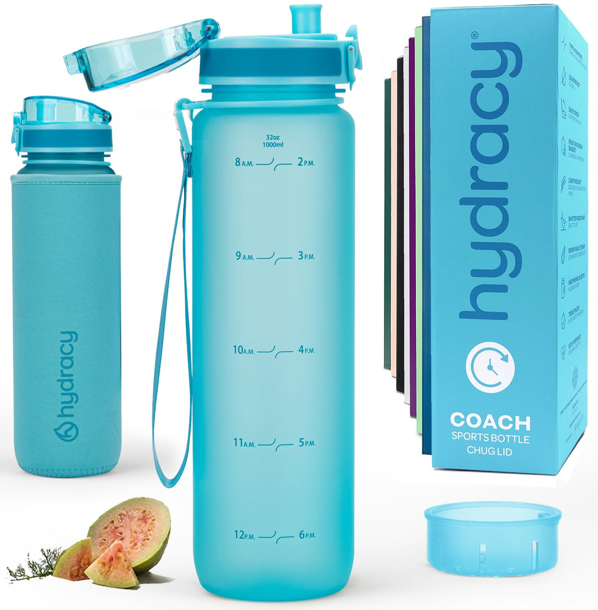 Motivational Water Bottle with Time Marker & Fruit Infuser 32 oz (Aqua Blue / 32 Ounces)