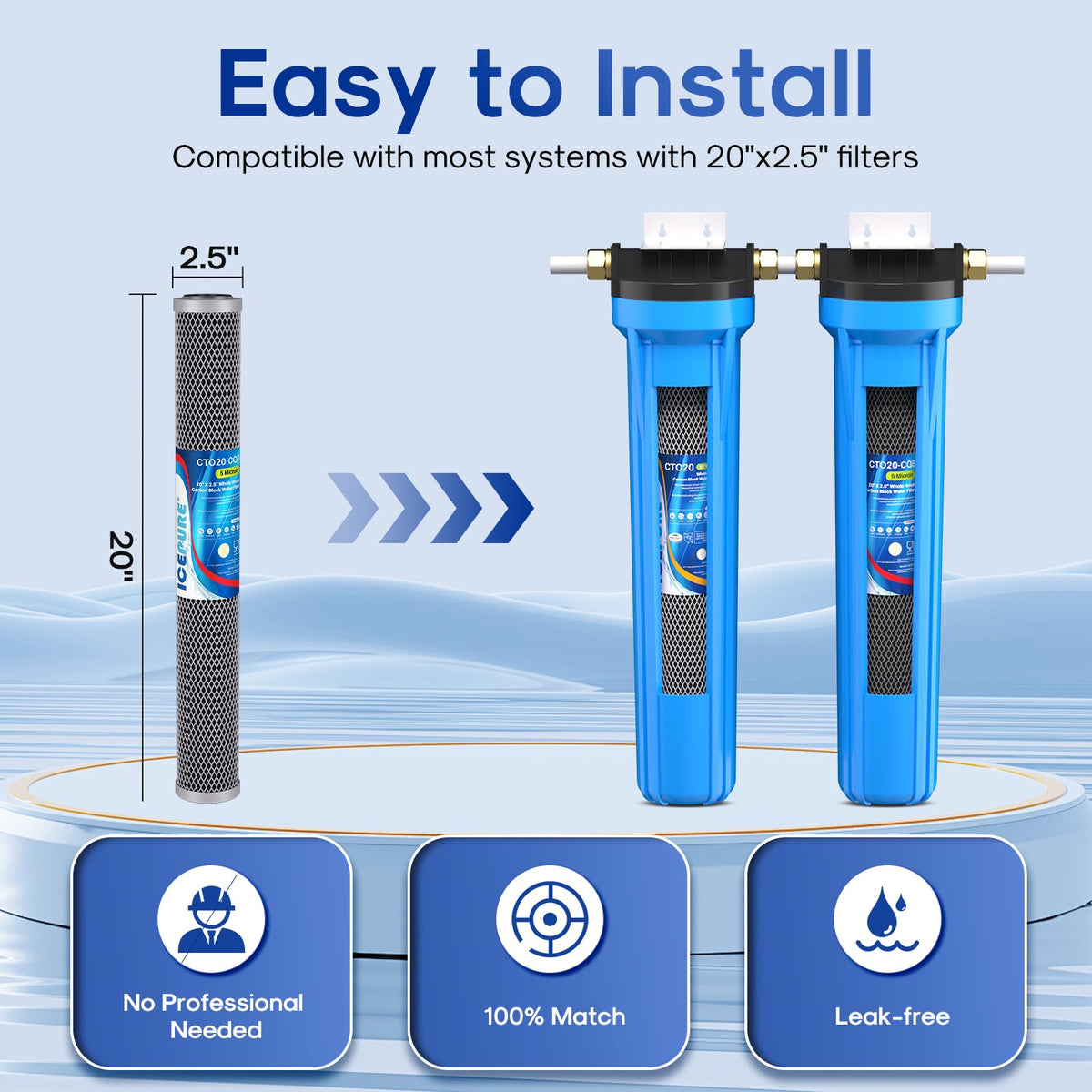 2.5"x 20" Whole House Carbon Sediment Water Filter High Capacity Combo Kit (2 Count (Pack of 1) / Lead Removal +CTO Activated Carbon Filter)