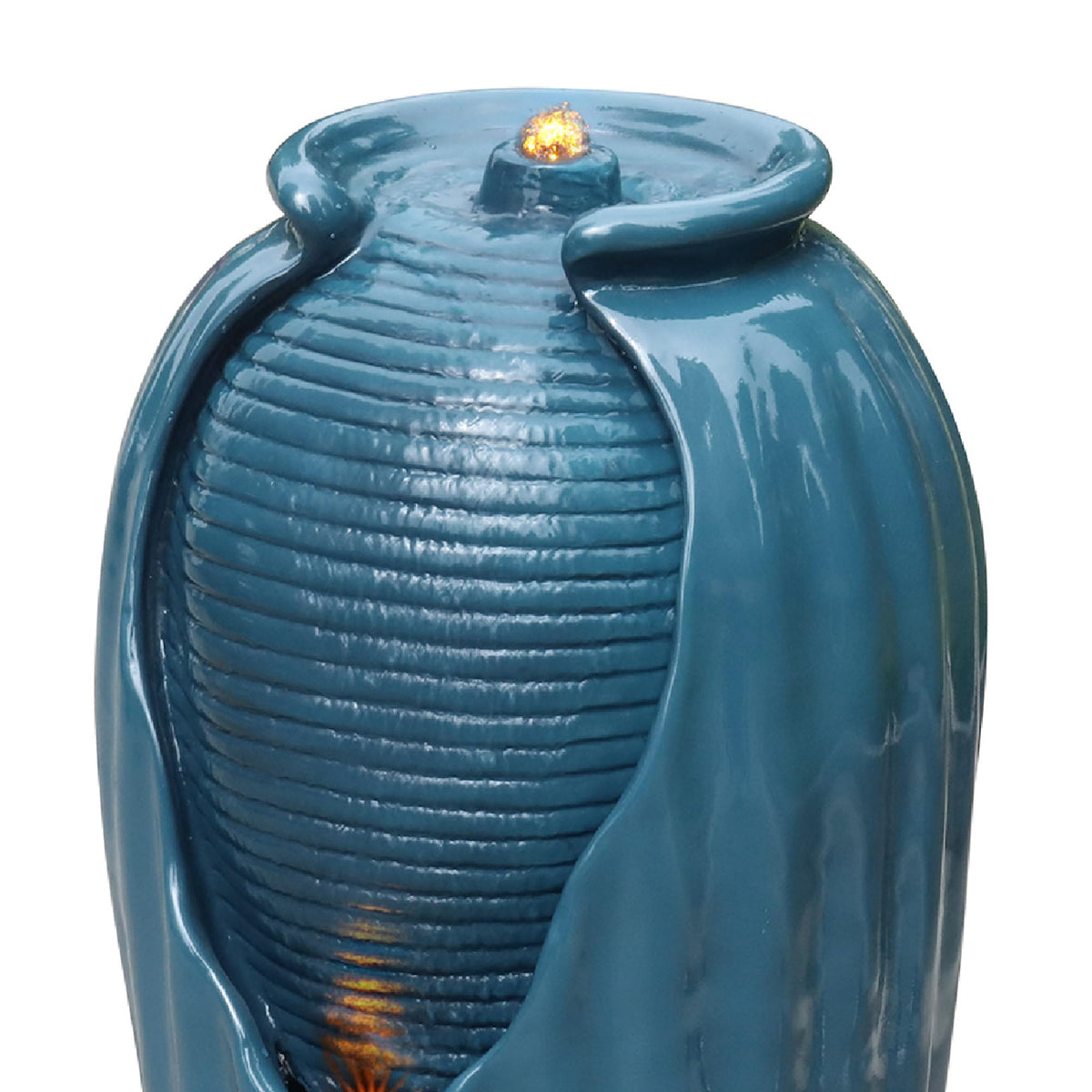 32 in. Outdoor Contemporary Glazed Contoured Vase Water Fountain with LED Lights to Create a Calming Oasis in Gardens and Landscaping (Blue)