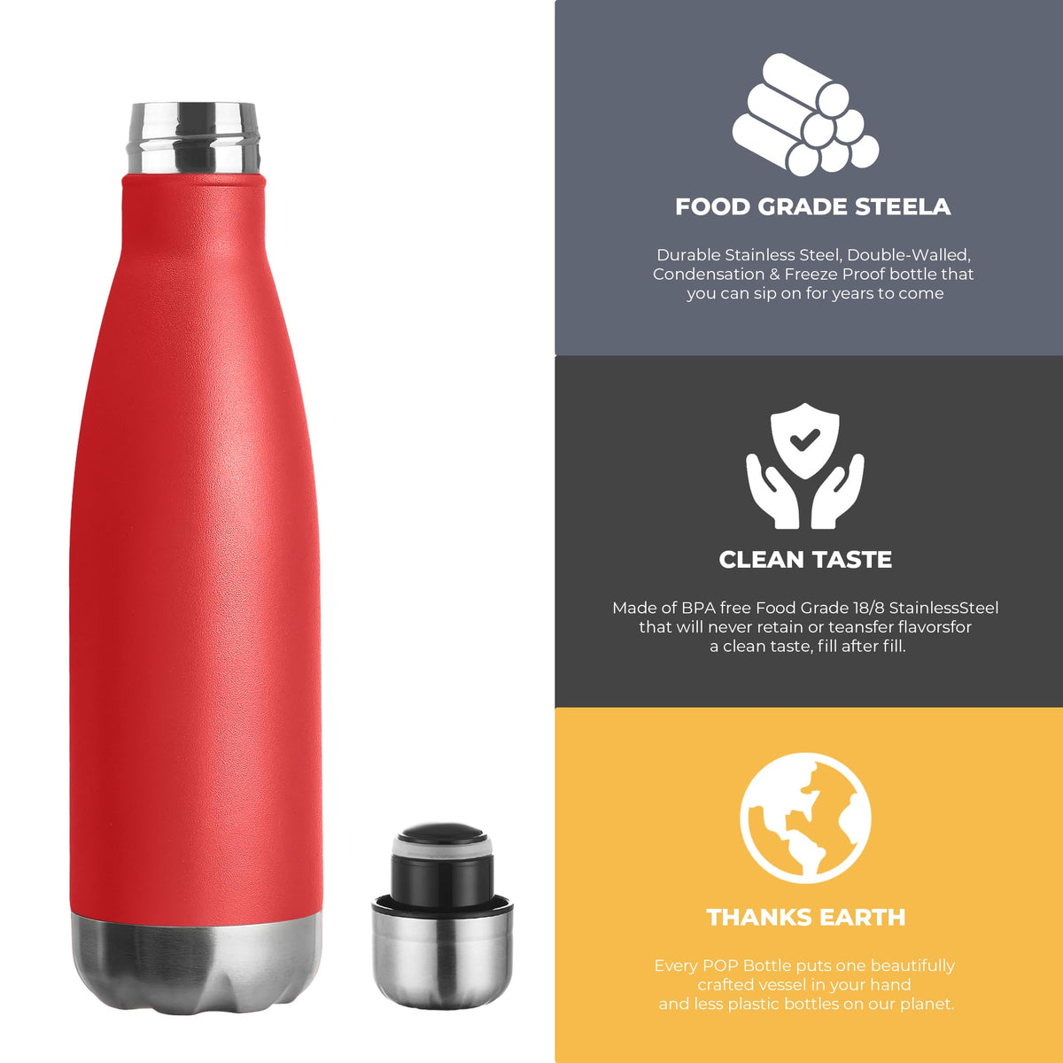 17oz Sport Water Bottle 4 Pack Vacuum Insulated Stainless Steel Leak (Red)