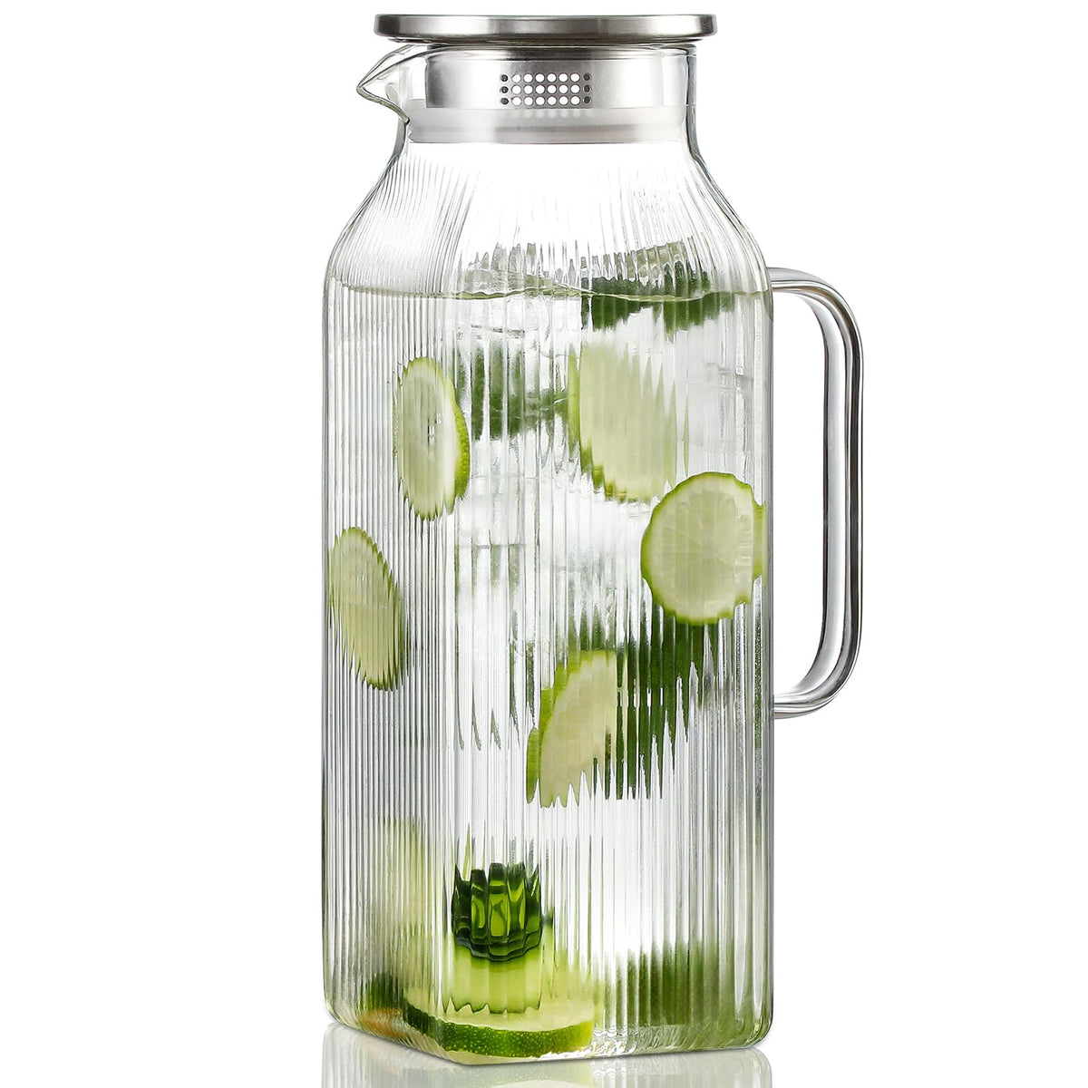 2 Liter 68 oz Square Glass Pitcher with Lid (Silver)