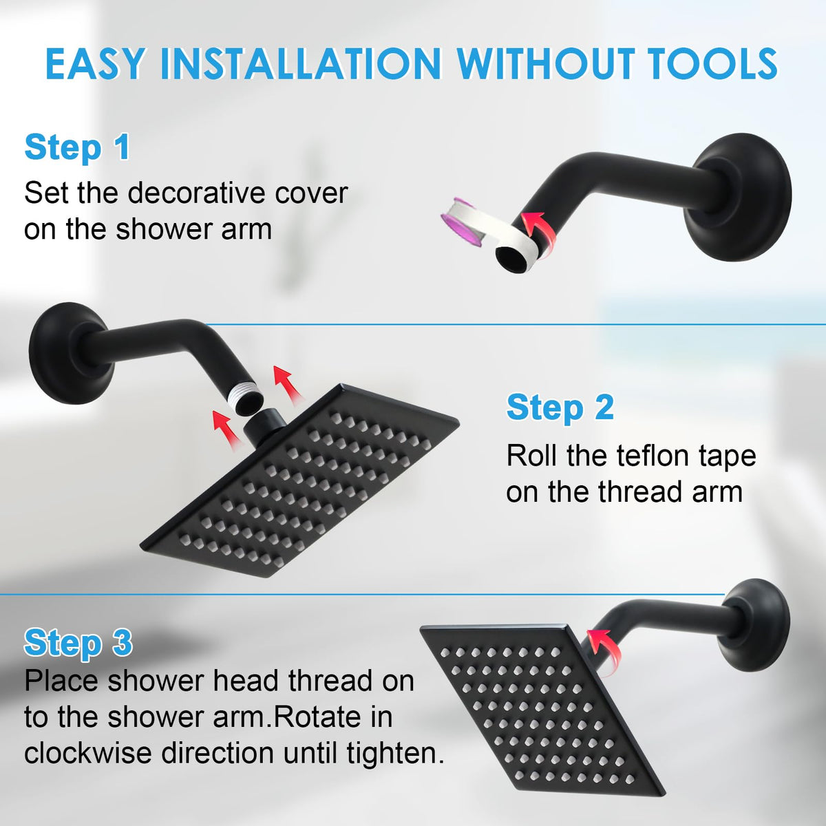 6 Inch Square Shower Head Black Stainless Steel High Pressure Rain Shower Heads with Extension Arm Adjustable Angle Replacement Shower Head for Modern Bathroom