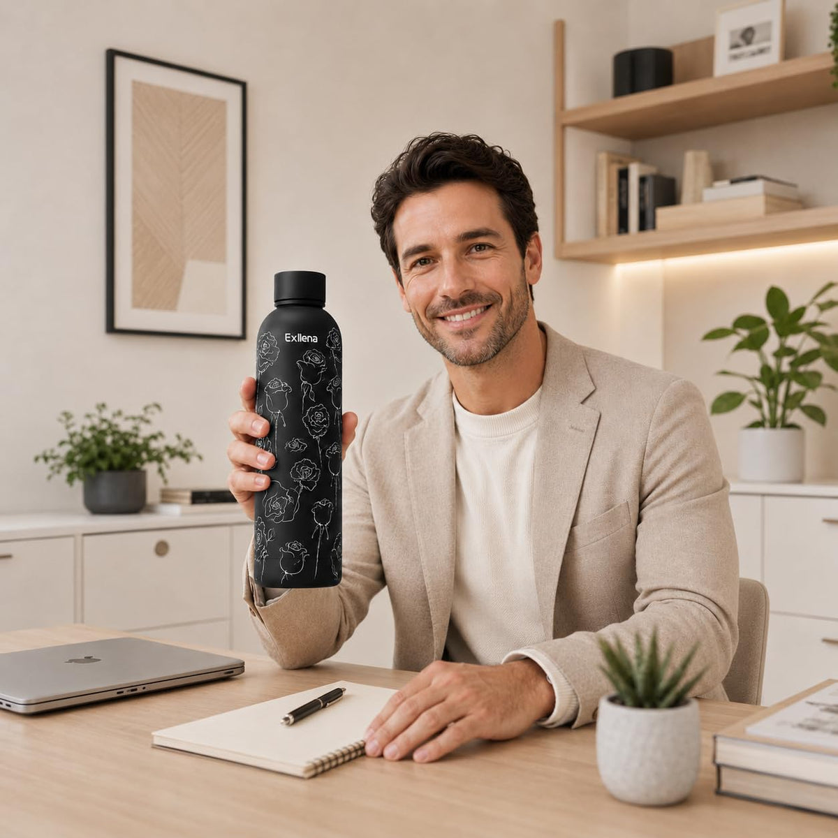 32oz Metal Water Bottle for Travel with Clip (32 Ounces / Black Rose)