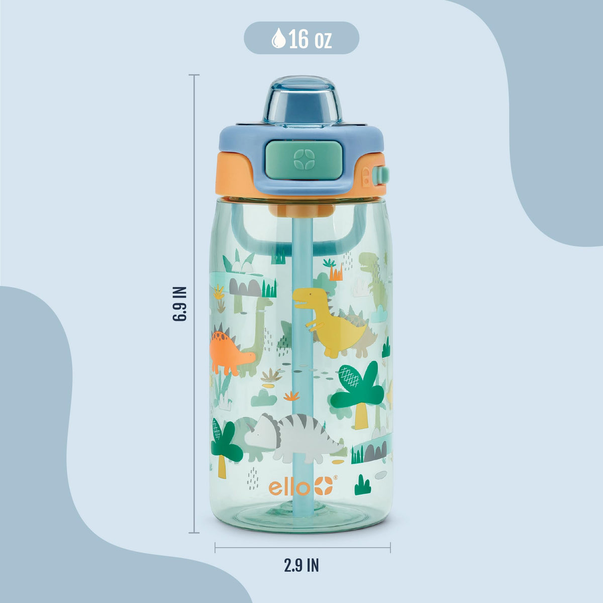 Kids Pop & Fill 16oz Tritan Plastic Water Bottle with Quick Fill Technology (Dino)