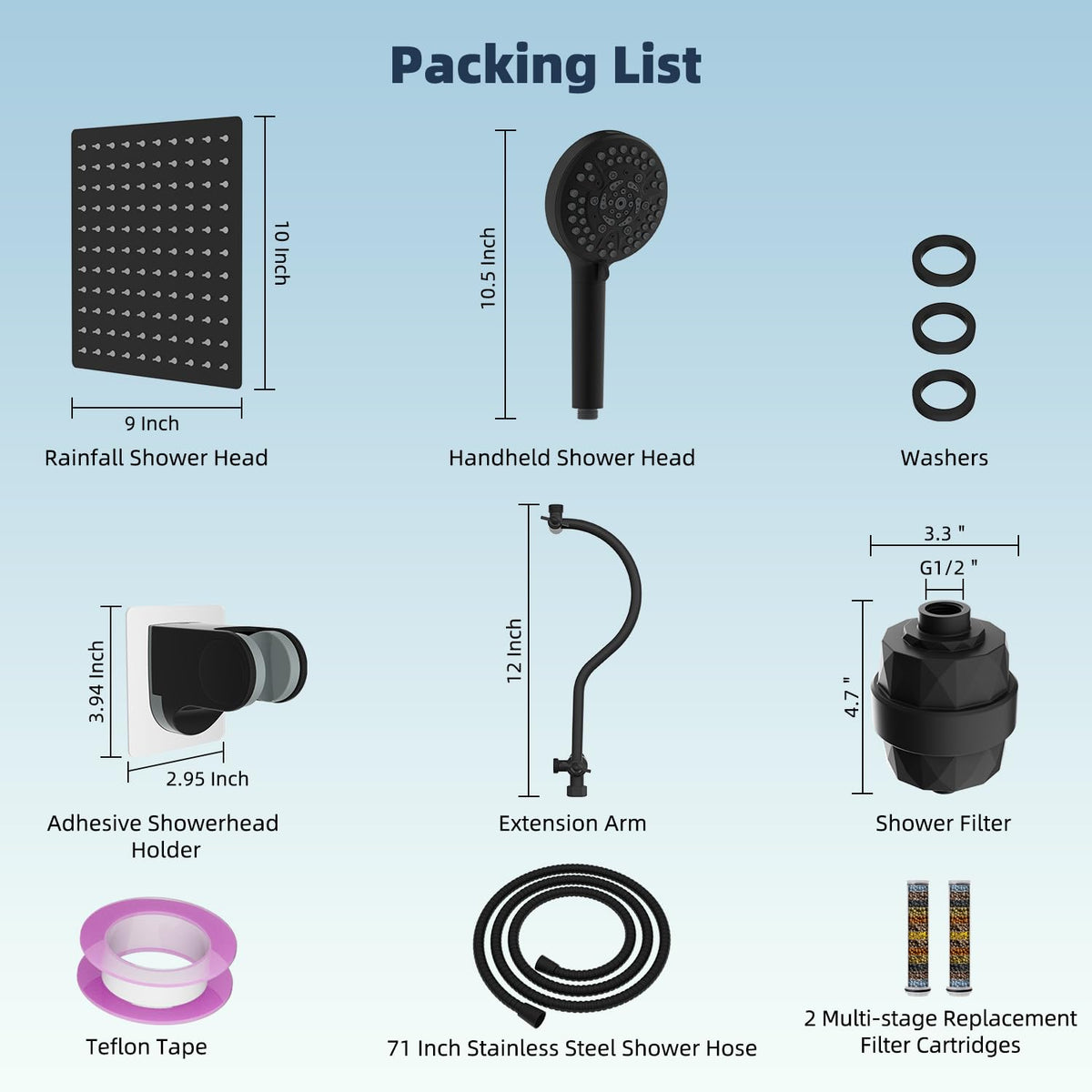 All Metal 10'' Dual Filtered Rainfall Shower Head Combo (Square 10'' with Filter / Matte Black Finished)