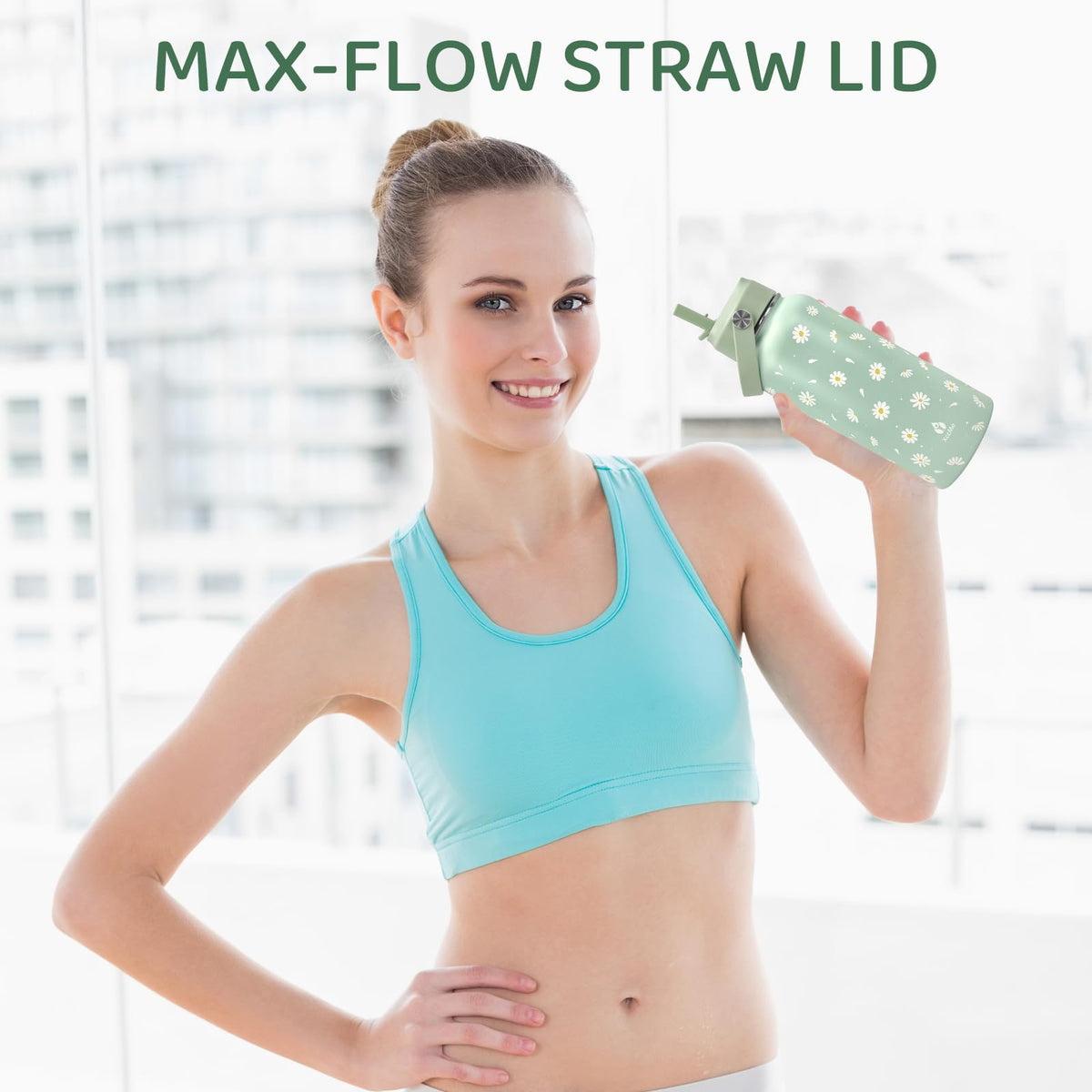 32oz Green Daisy Insulated Water Bottle for Women with Straw (Green Daisy / 32 Ounces)
