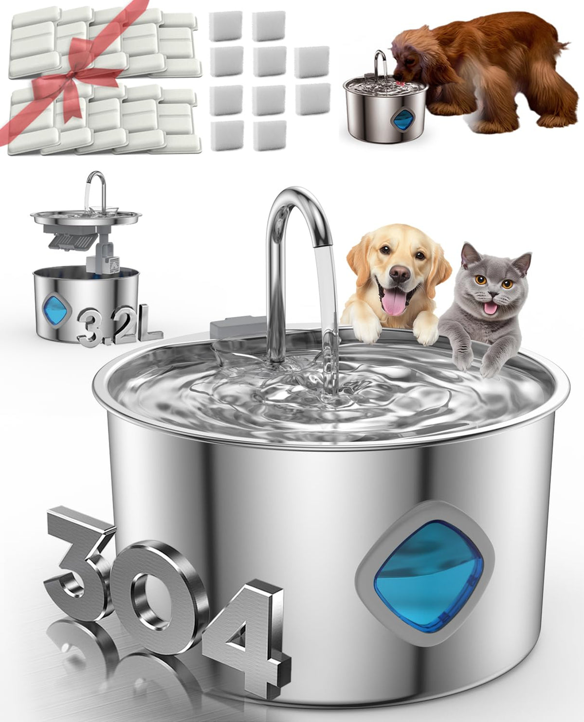 Dog Water Bowl (1Set, 10+10 Filter)