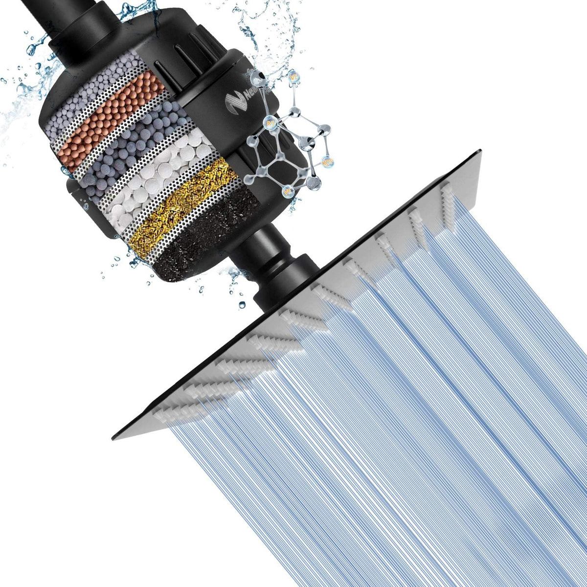 Square Shower Head and 15 Stage Shower Filter Combo (Matte Black)