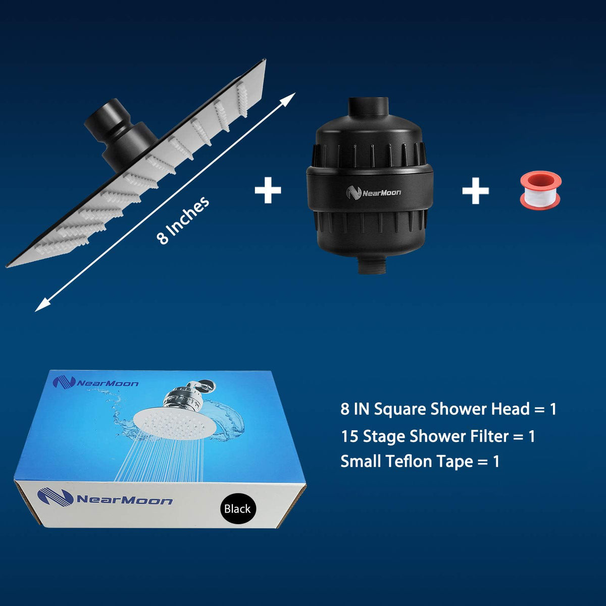 Square Shower Head and 15 Stage Shower Filter Combo (Matte Black)