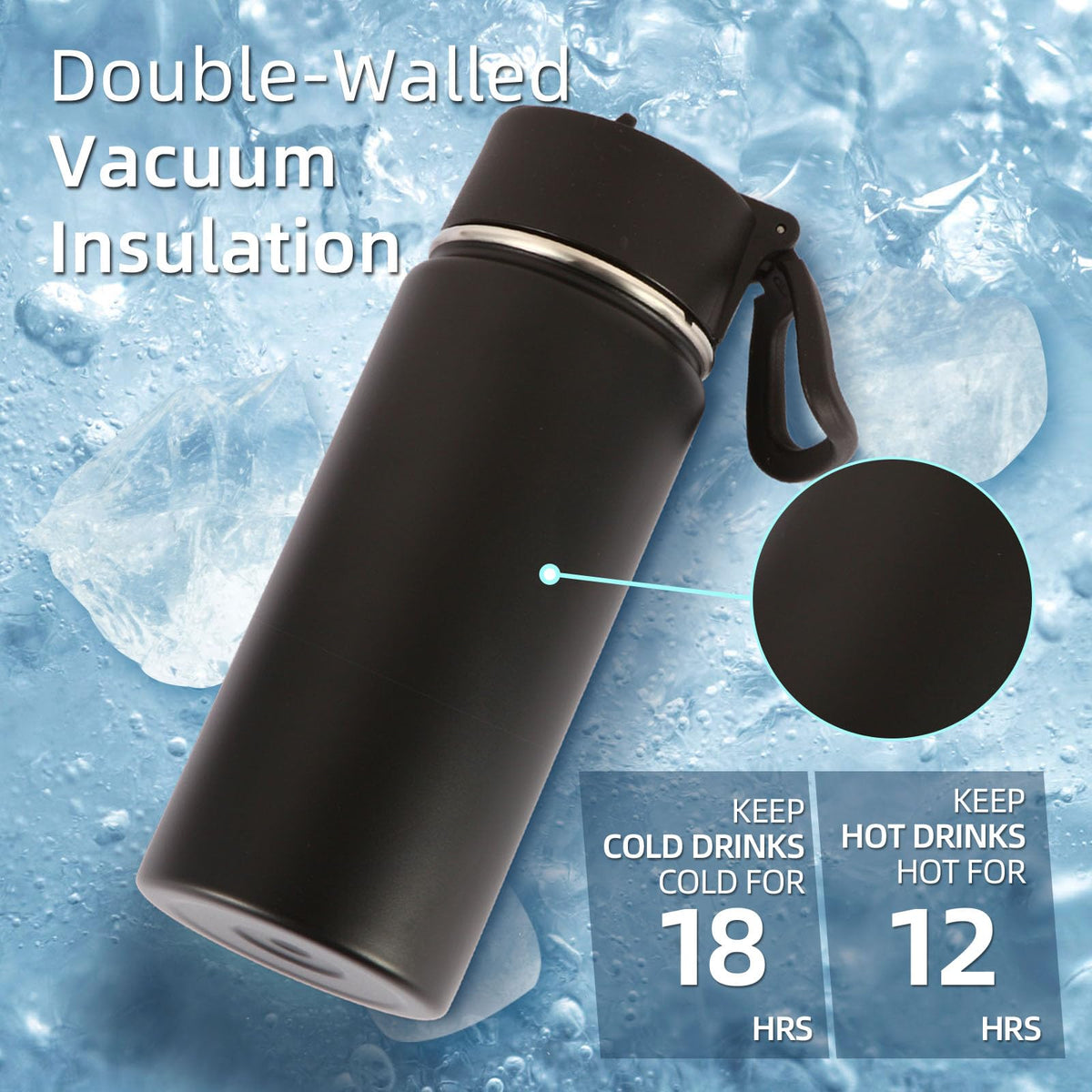 16oz Insulated Water Bottle for Kids with Straw (Black)