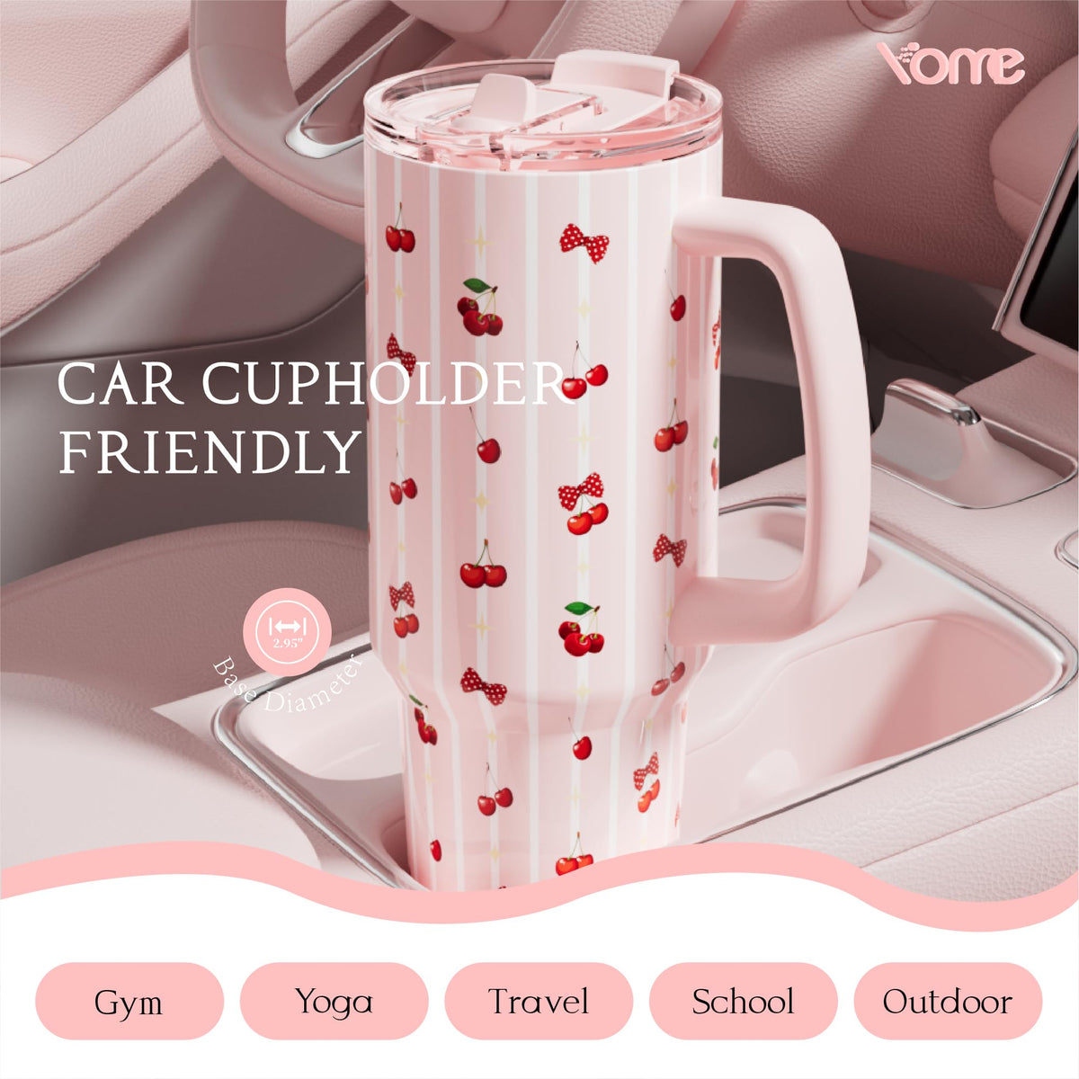 40oz Stripe Cherry Tumbler with Handle and Flip Straw (Stripe Cherry Pink)