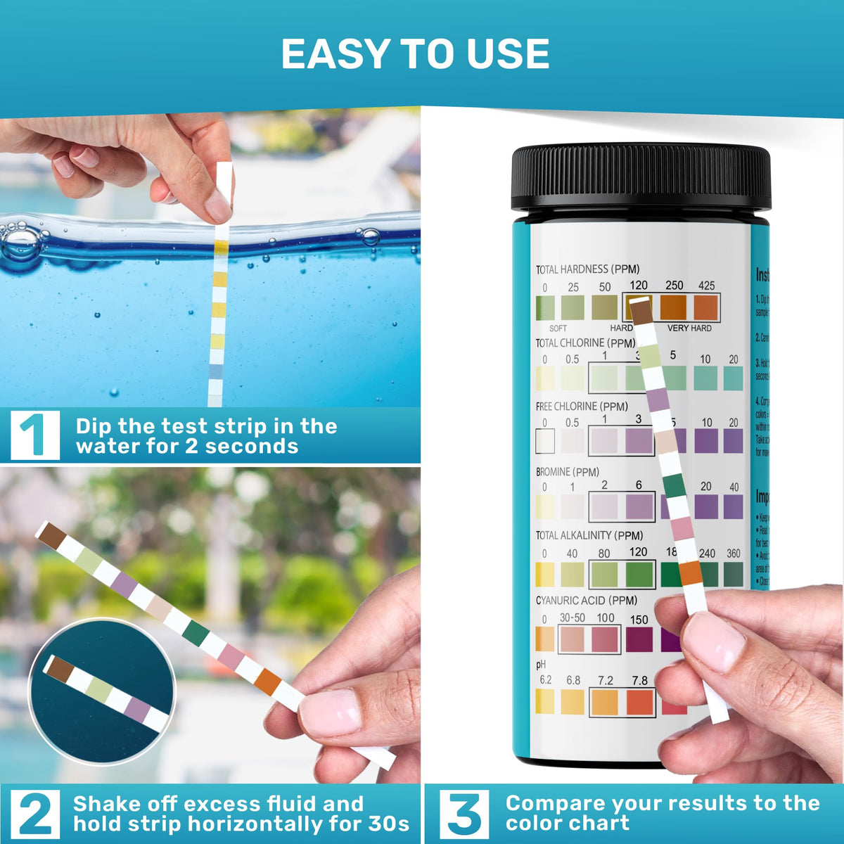 Pool Test Strips for Pools and Spas (200 STRIPS - 7 IN 1 POOL TEST STRIPS)